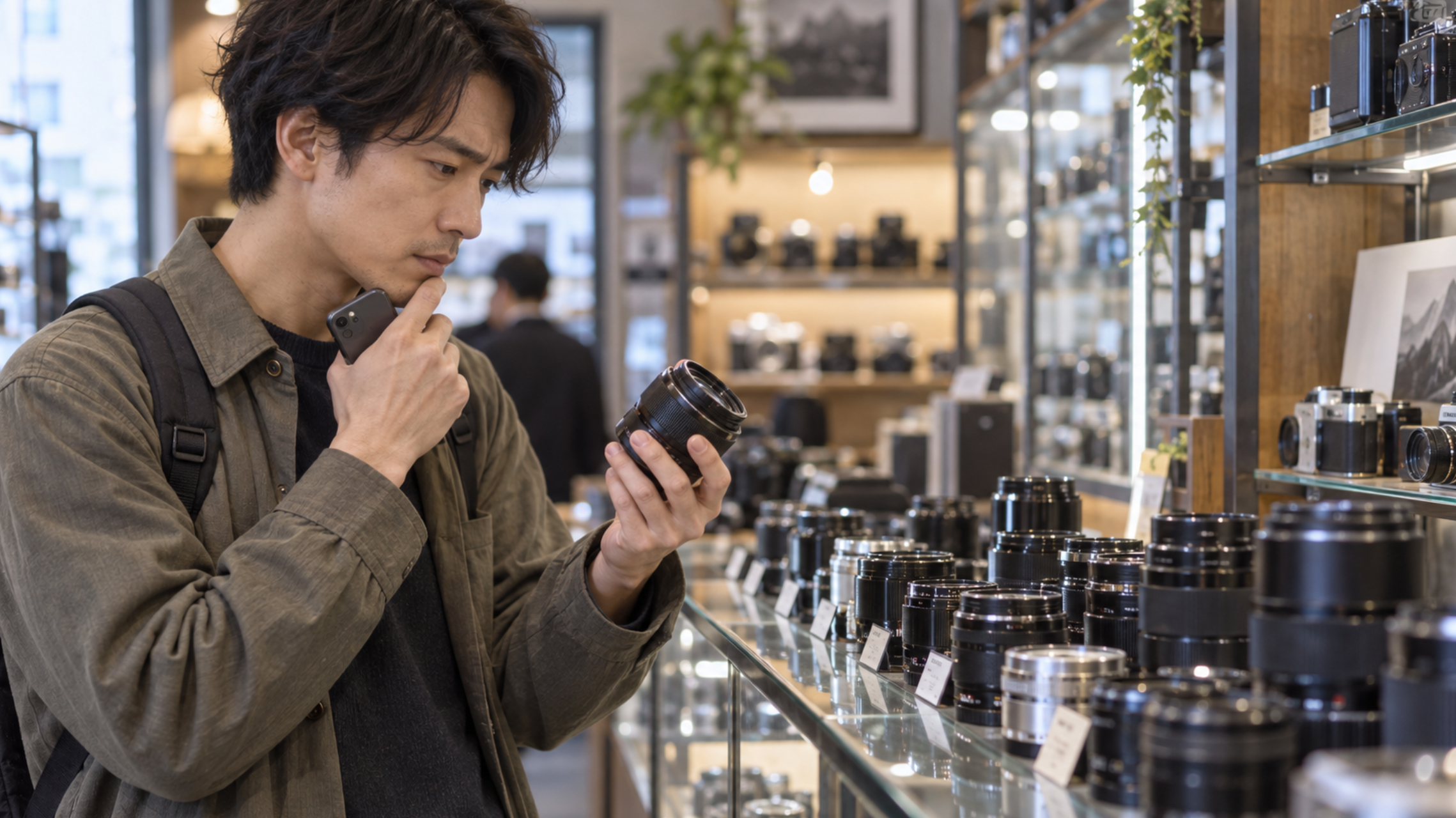 中古カメラ店で交換レンズを比較する男性