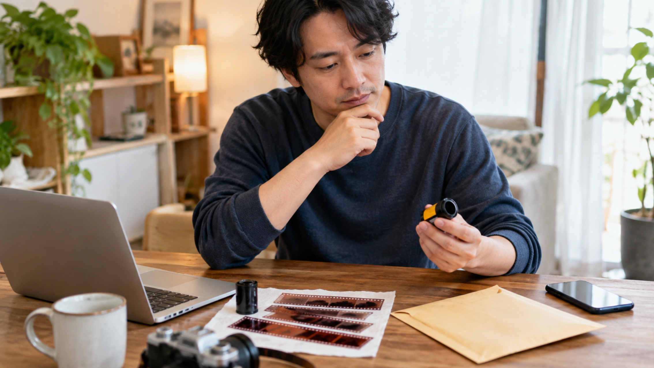 35mmフィルムの店頭現像と郵送現像を比較する日本人男性