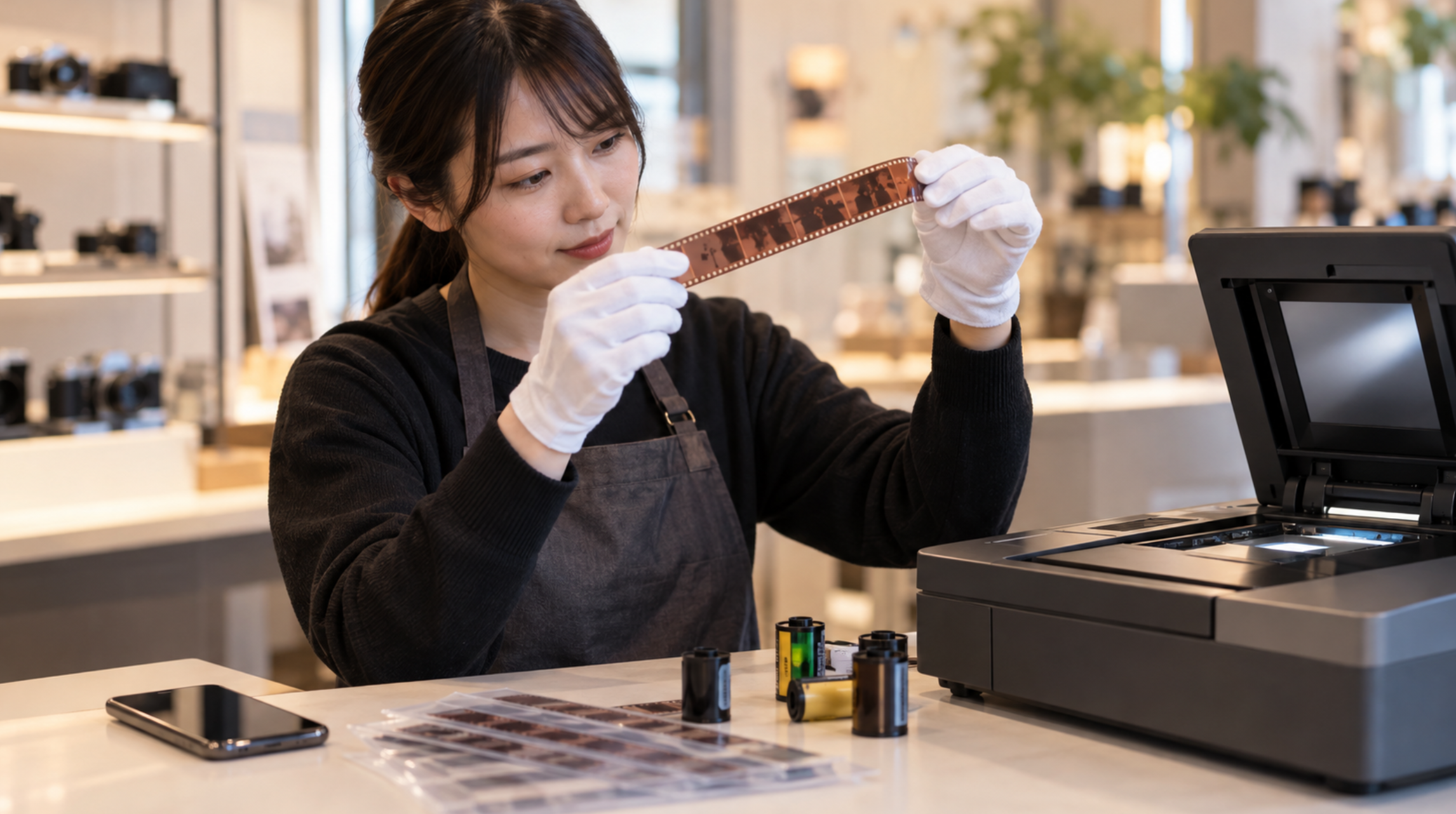 写真店で35mmネガを確認しフィルムスキャナーでデータ化する様子