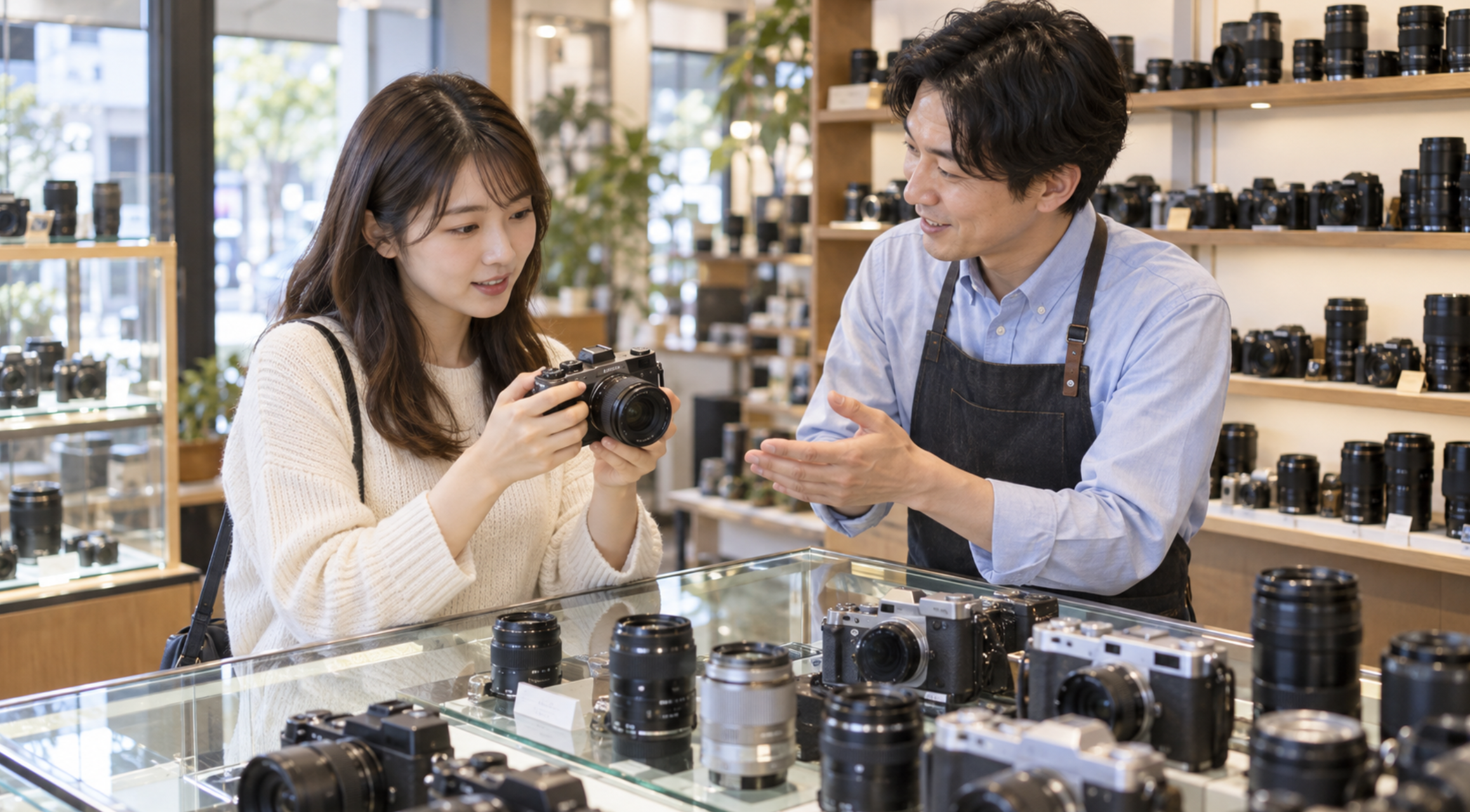 中古カメラ店で実機を確認しながらスタッフに相談する初心者