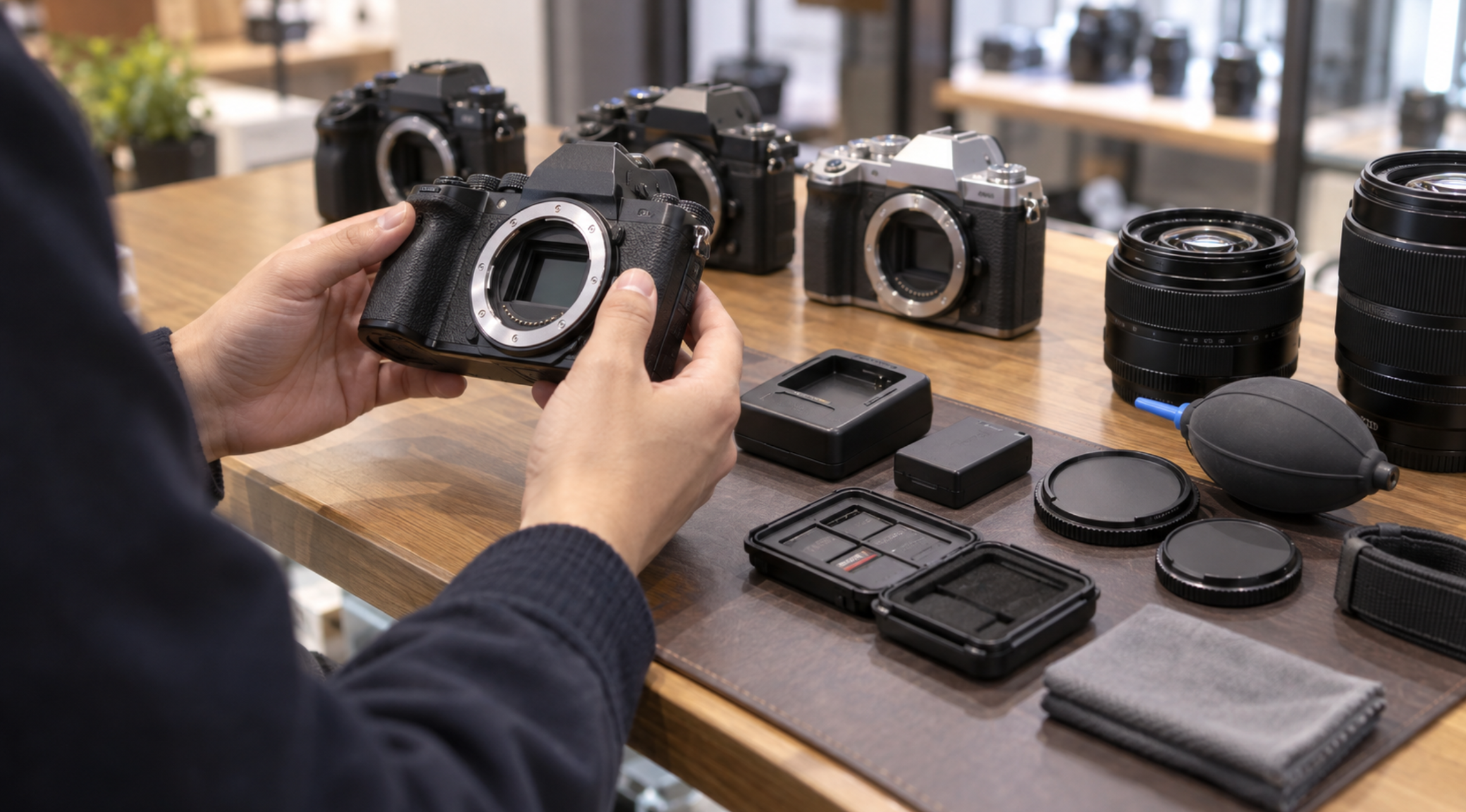中古カメラのボディとバッテリーや充電器などの付属品を確認する様子