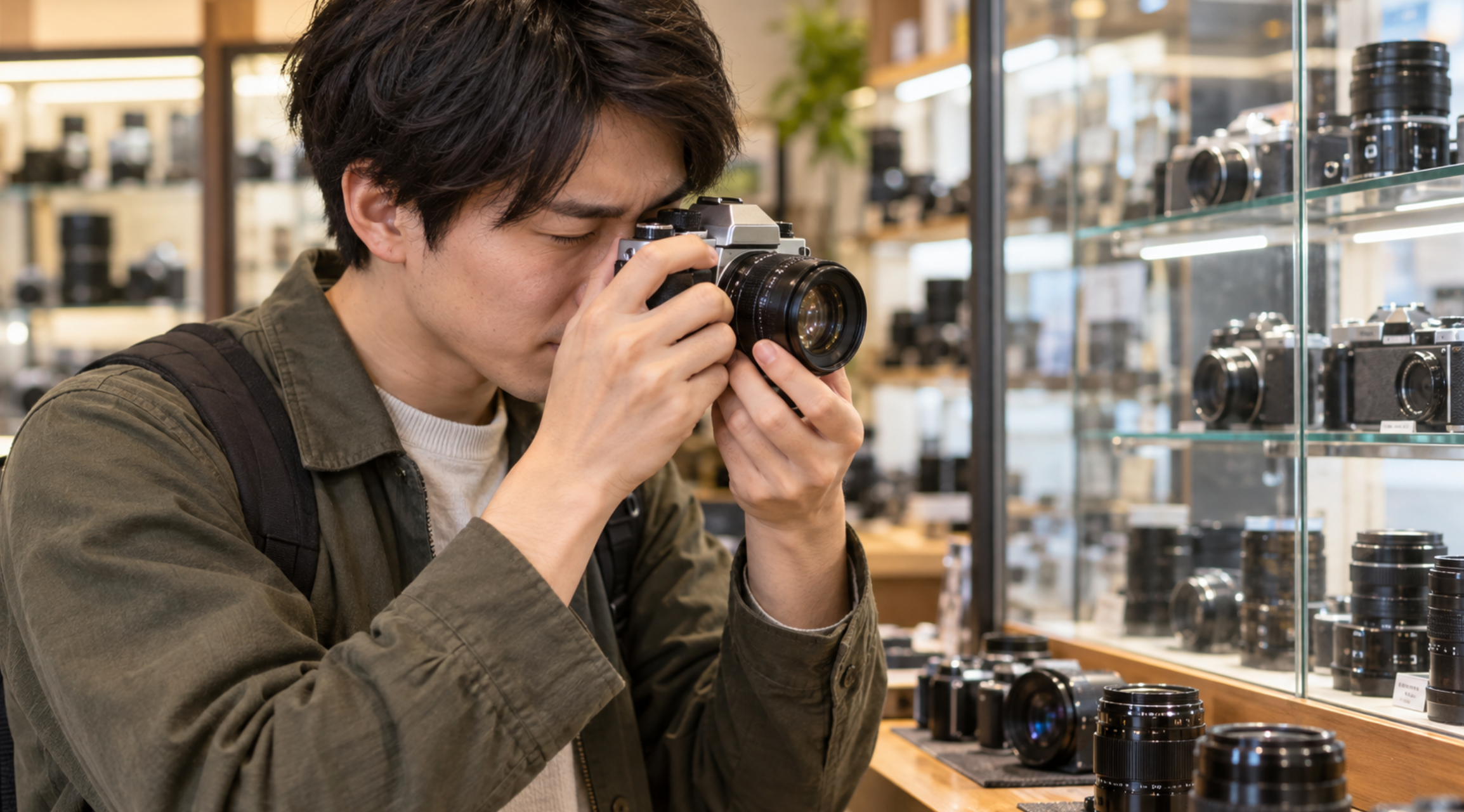 中古カメラ店でファインダーや操作感を実機確認する初心者