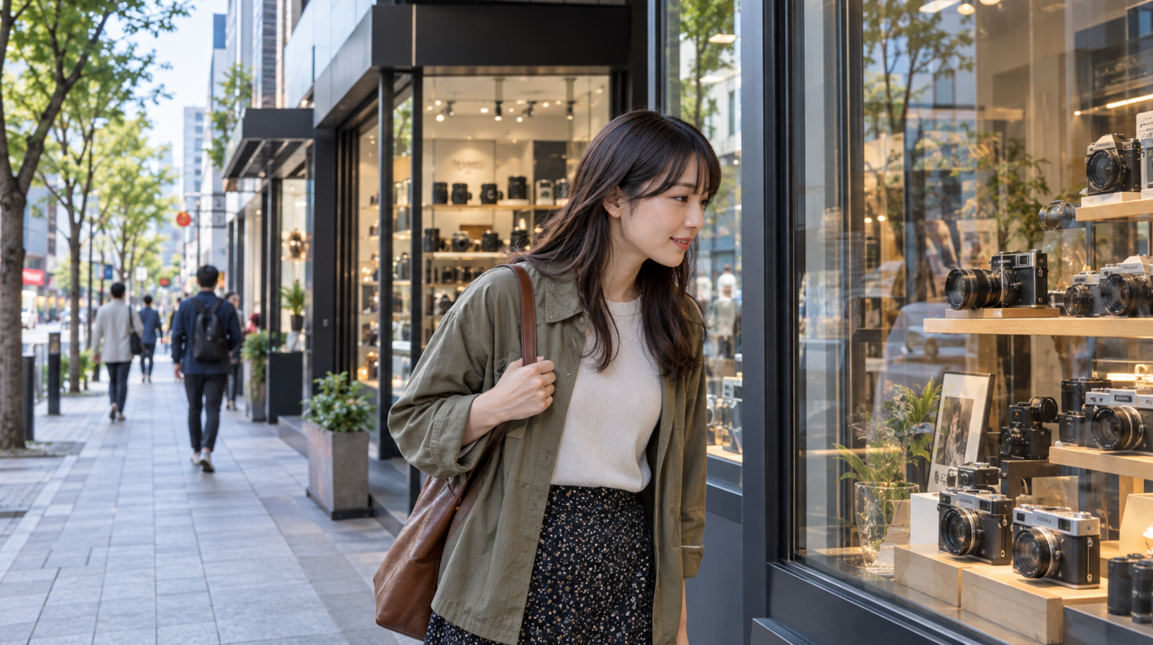中古カメラ店を回りながら店頭のカメラを比較する女性