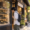 京都の中古カメラ店でショーウィンドウのカメラを確認する初心者