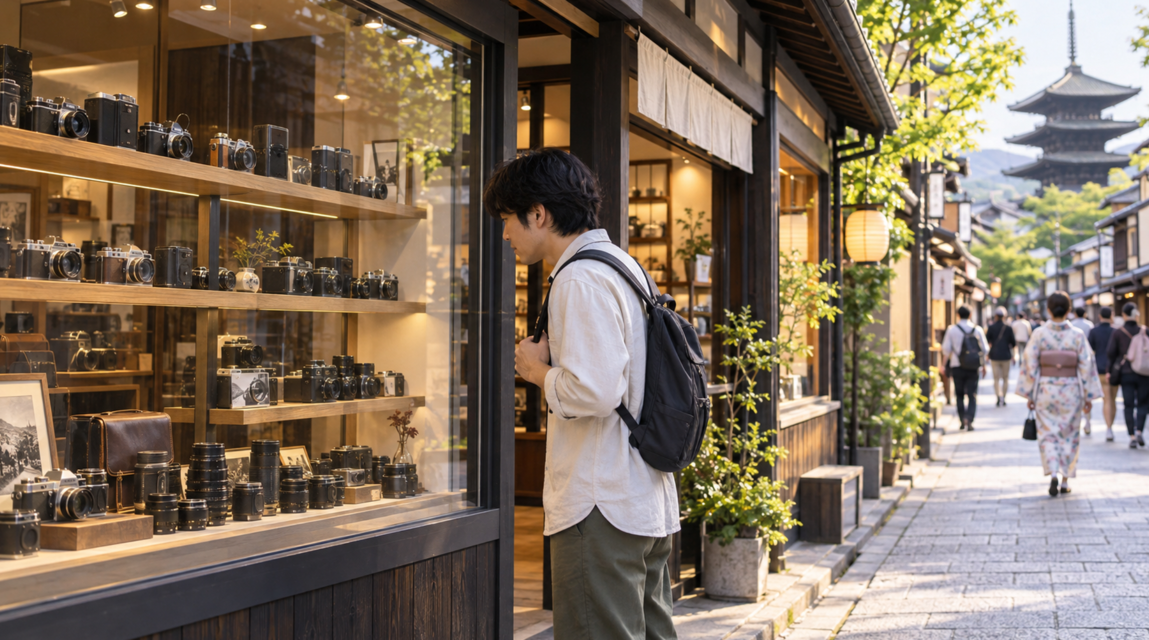 京都の中古カメラ店でショーウィンドウのカメラを確認する初心者