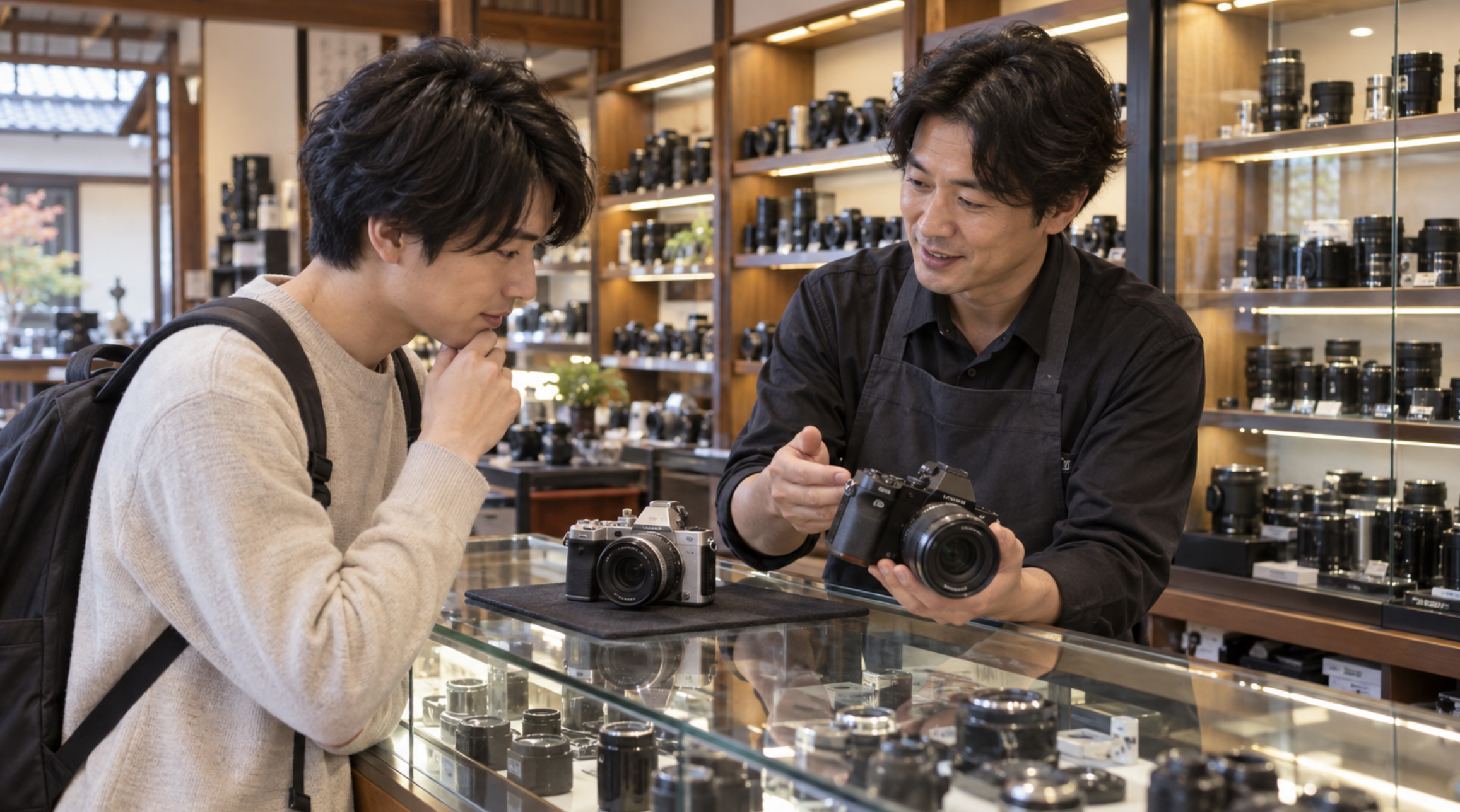 中古カメラ店でスタッフに相談しながらカメラを比較する初心者
