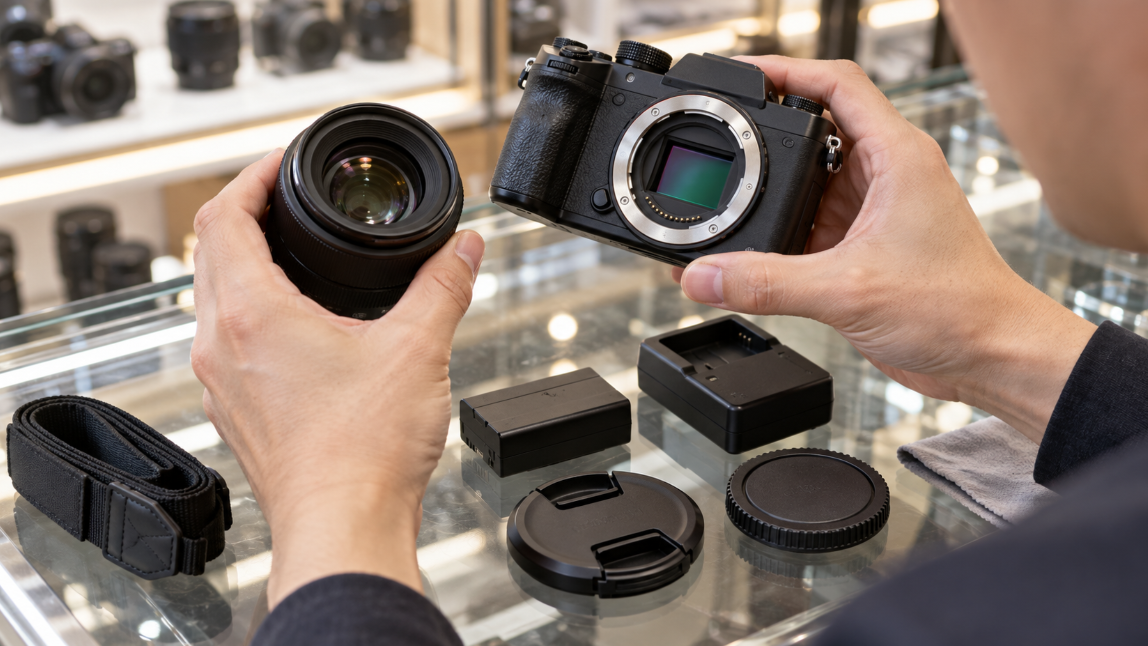 中古カメラのセンサーやレンズと付属品の状態を確認する様子