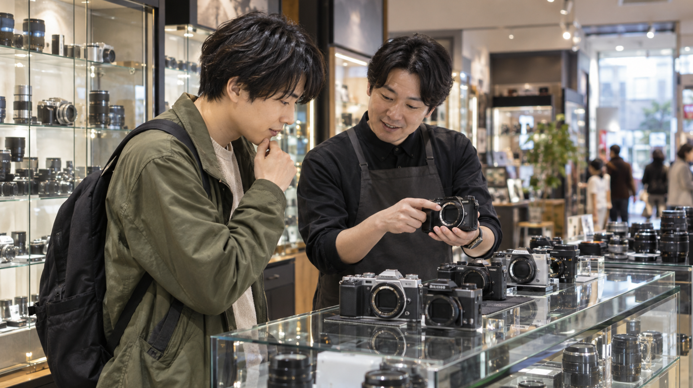 横浜の中古カメラ店で初心者がカメラを比較する様子