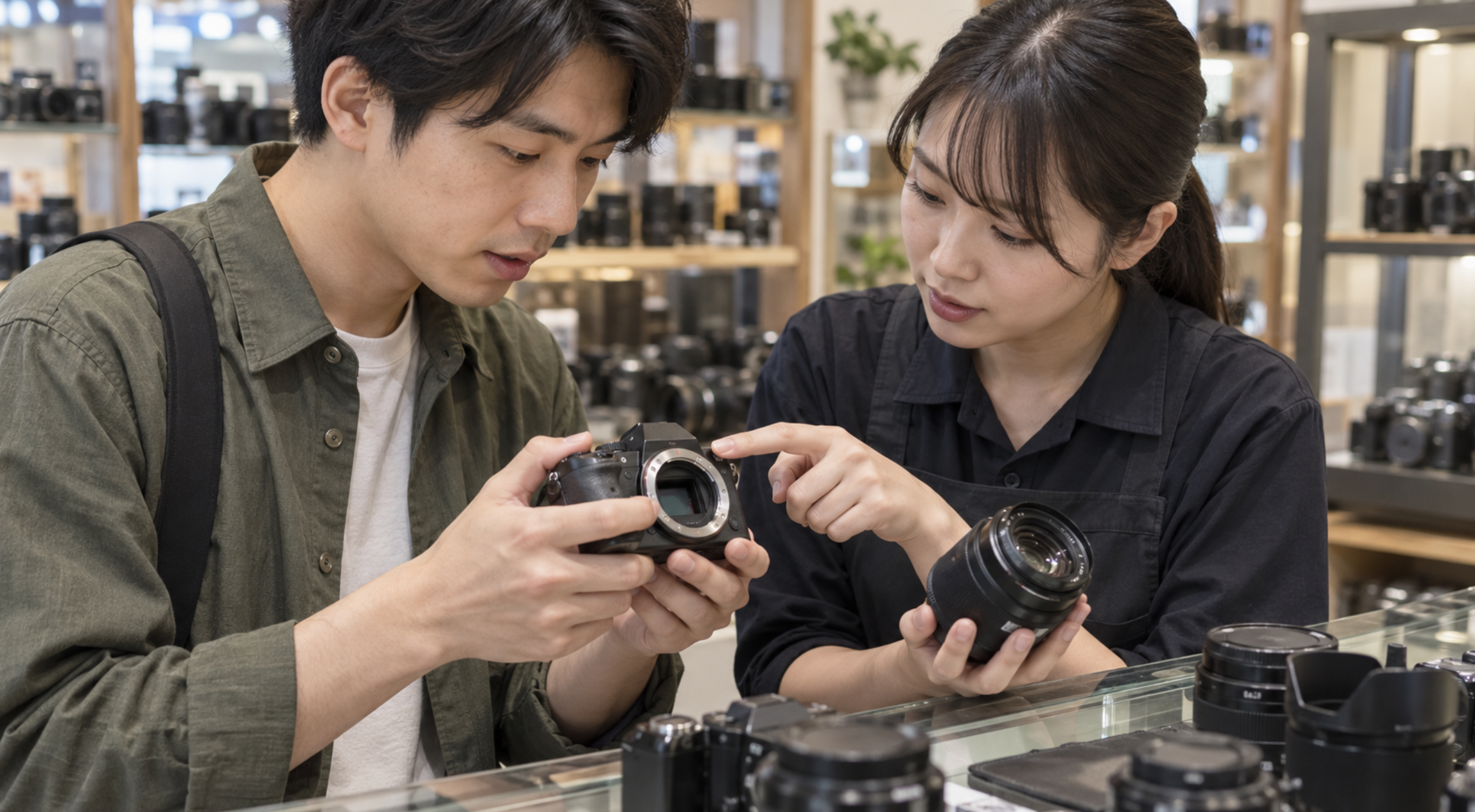 中古カメラ購入前にミラーレスの状態を店頭で確認する様子