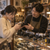 中古フィルムカメラ専門店で初心者がカメラを選ぶ様子