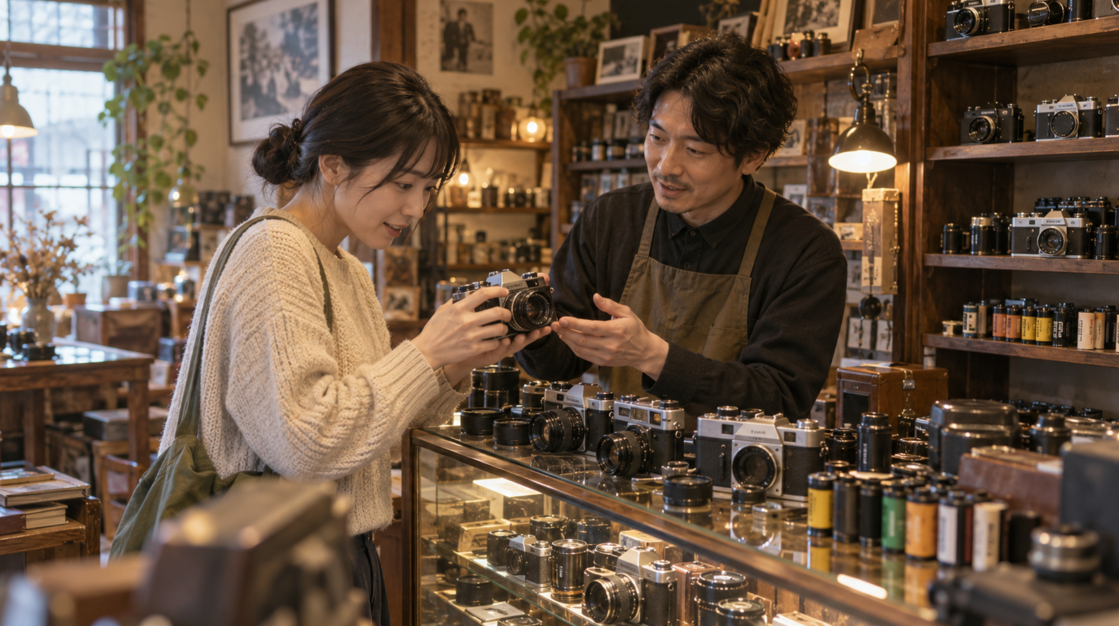 中古フィルムカメラ専門店で初心者がカメラを選ぶ様子