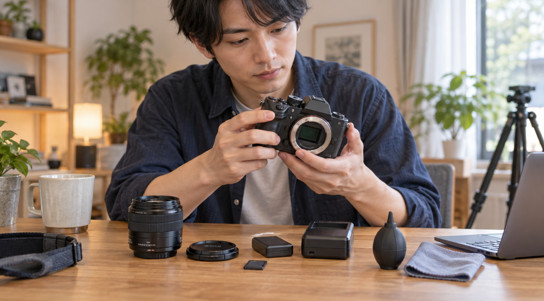 中古カメラ購入後に本体とバッテリーや付属品を確認する様子