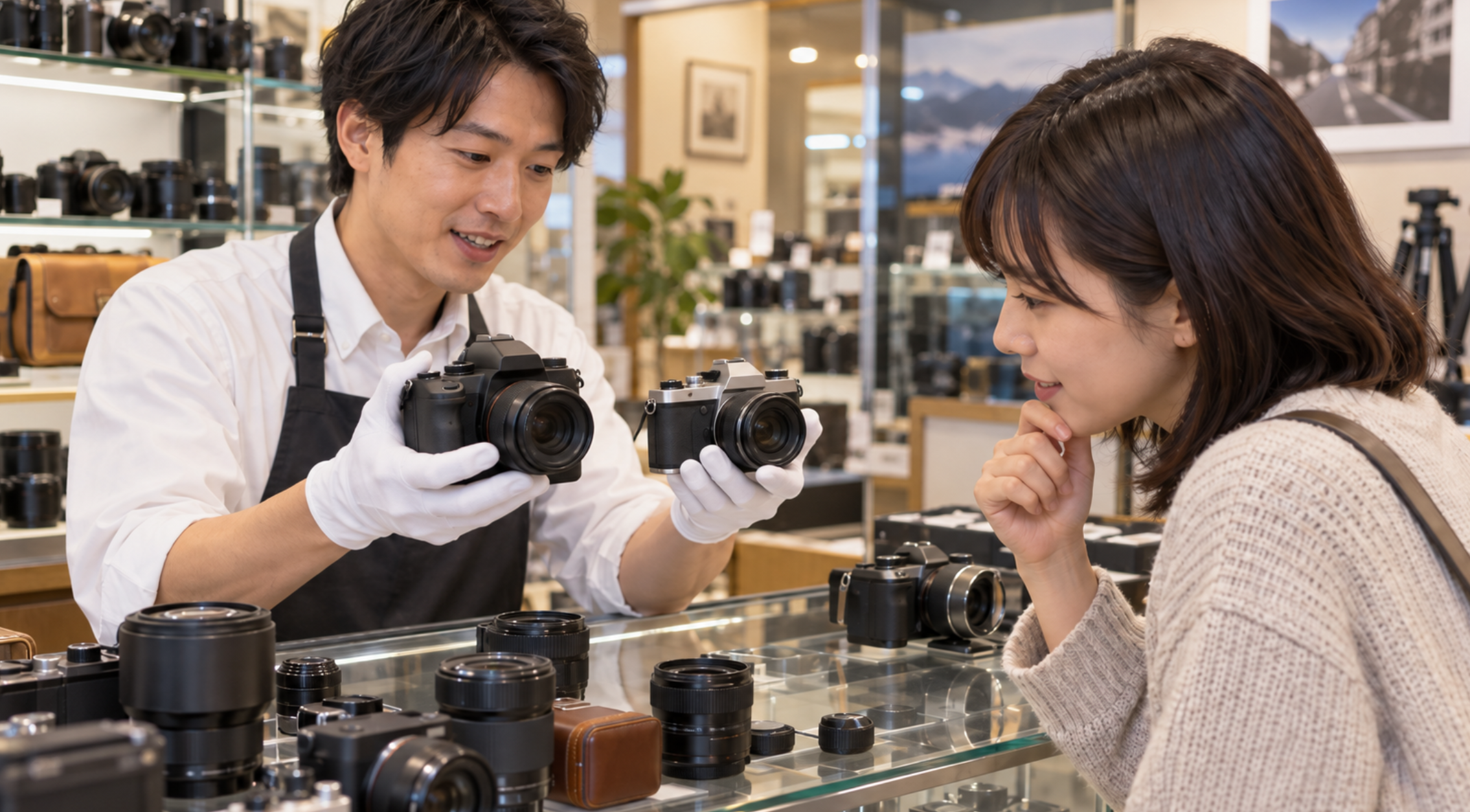 中古カメラ店で2台のカメラを比較しながら選ぶ初心者