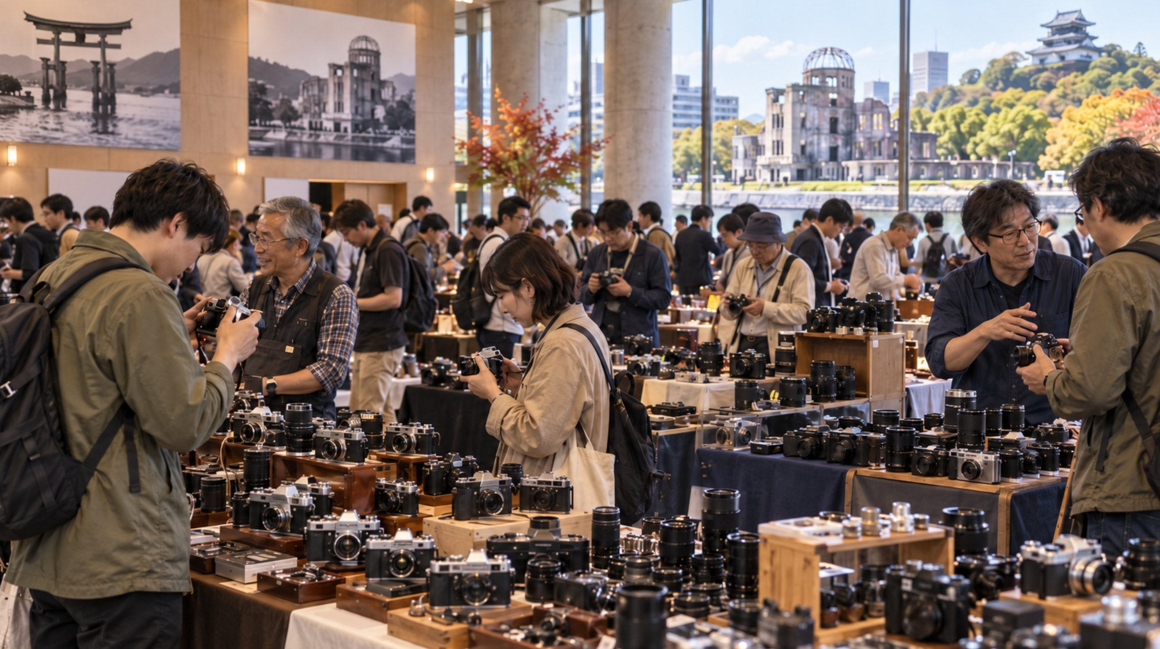 広島の中古カメラ市でカメラや交換レンズを探す来場者