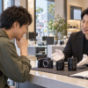 名古屋のカメラ店でミラーレスカメラとレンズの持ち込み査定を相談する様子