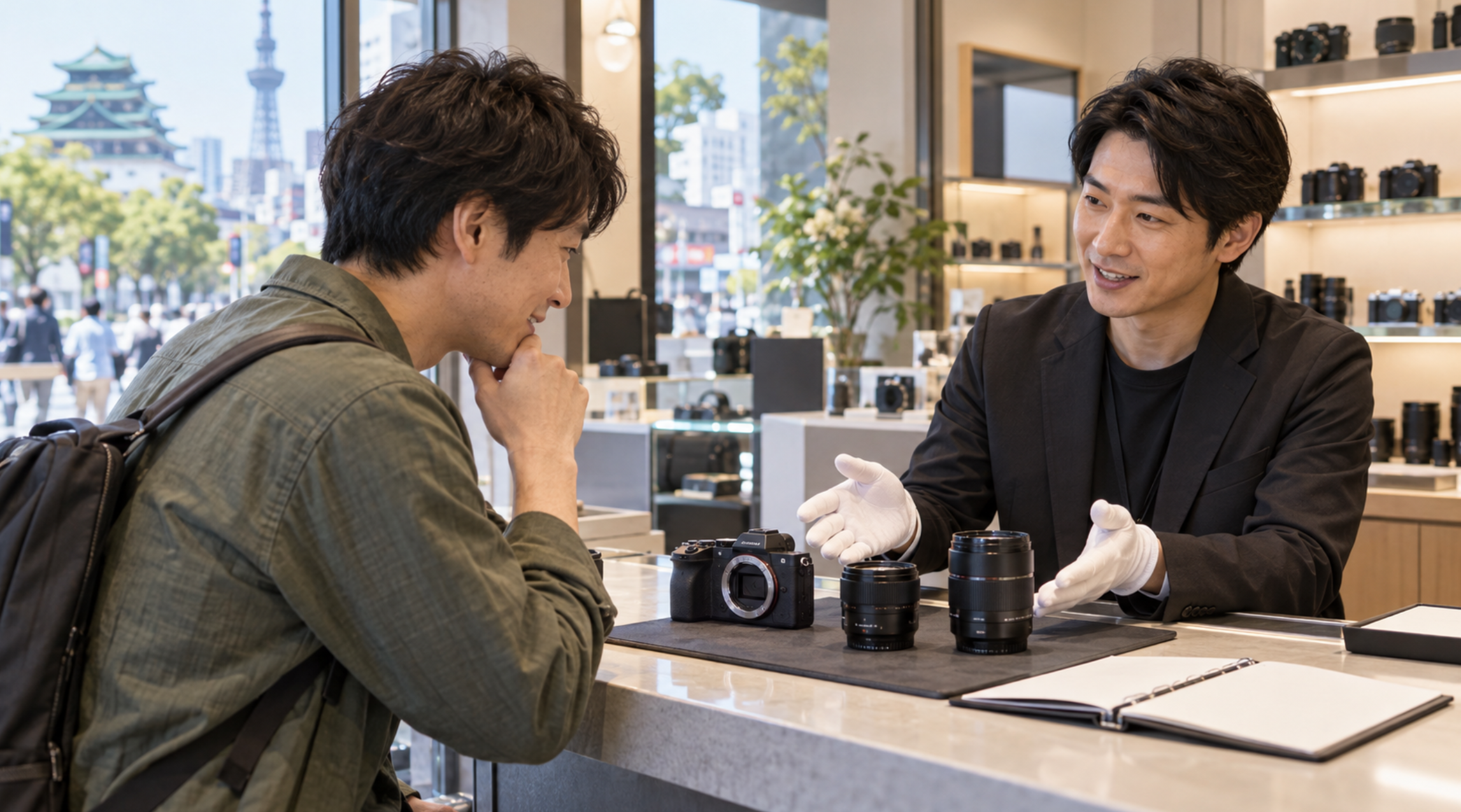 名古屋のカメラ店でミラーレスカメラとレンズの持ち込み査定を相談する様子