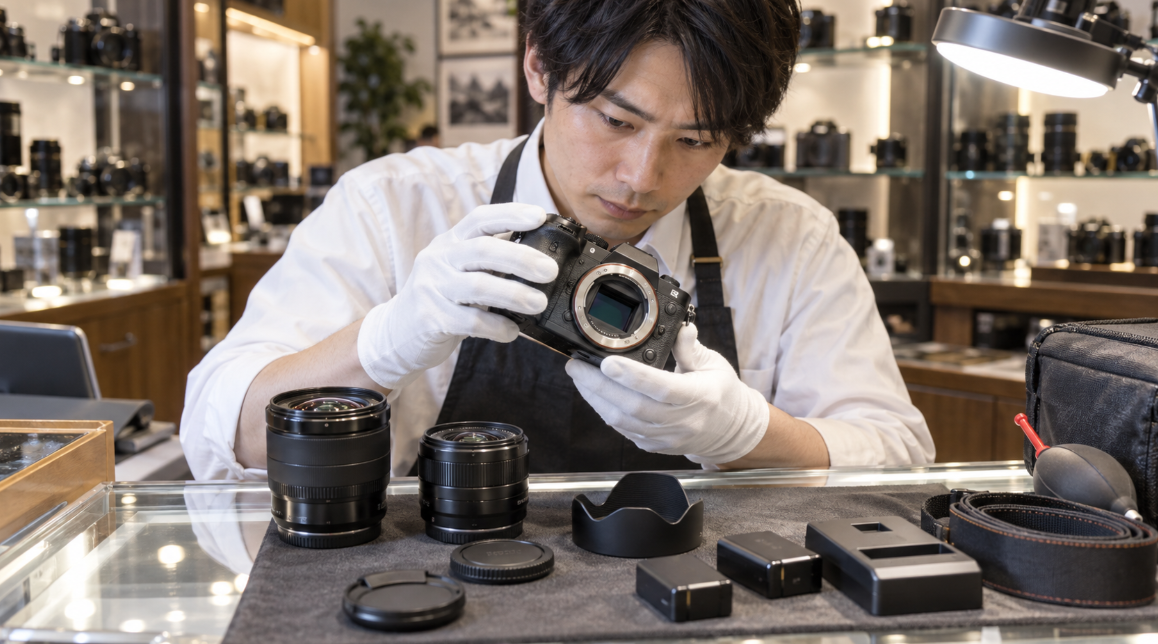 カメラ買取店のスタッフがミラーレスカメラと交換レンズの状態を査定する様子