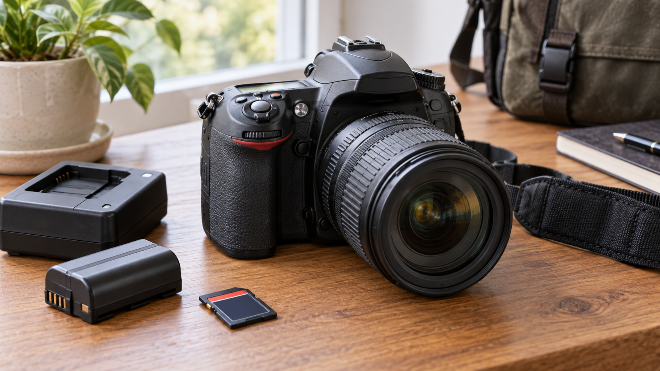 中古一眼レフカメラとレンズ、SDカード、バッテリー、充電器