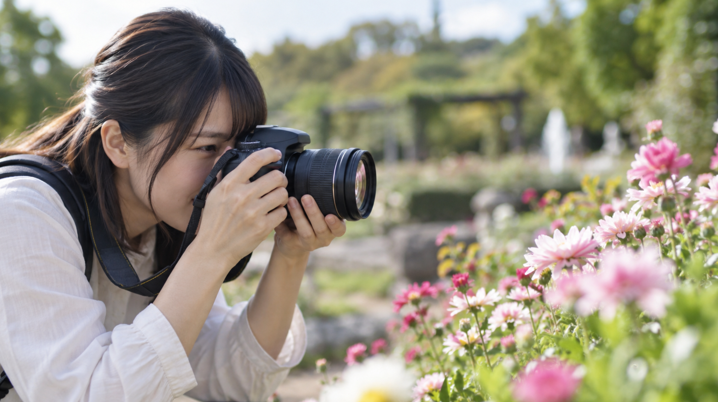 一眼レフカメラで花を撮影する日本人女性
