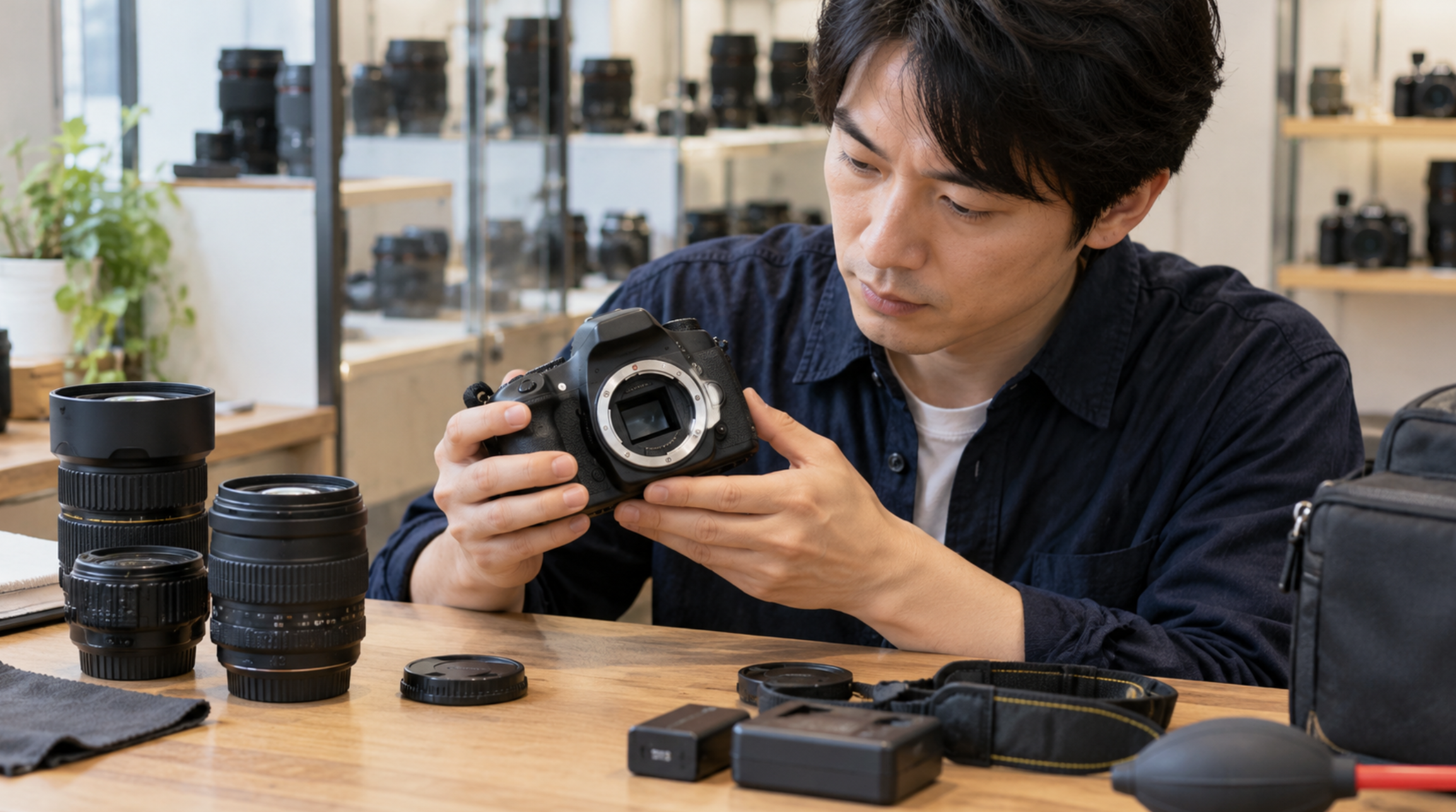 中古一眼レフカメラの状態を確認する日本人男性