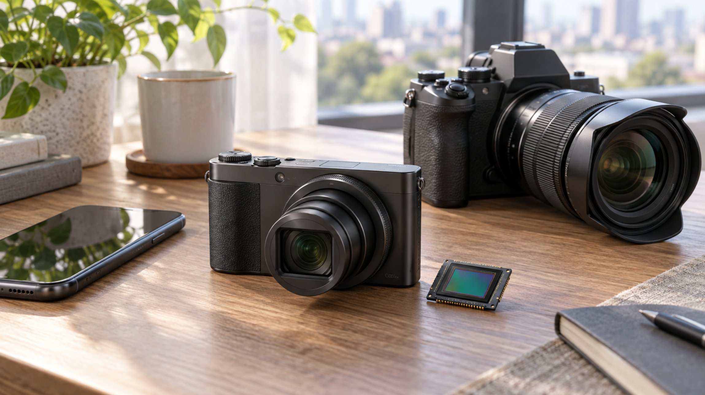 1.0型コンデジと大型カメラ、スマートフォンのサイズ比較