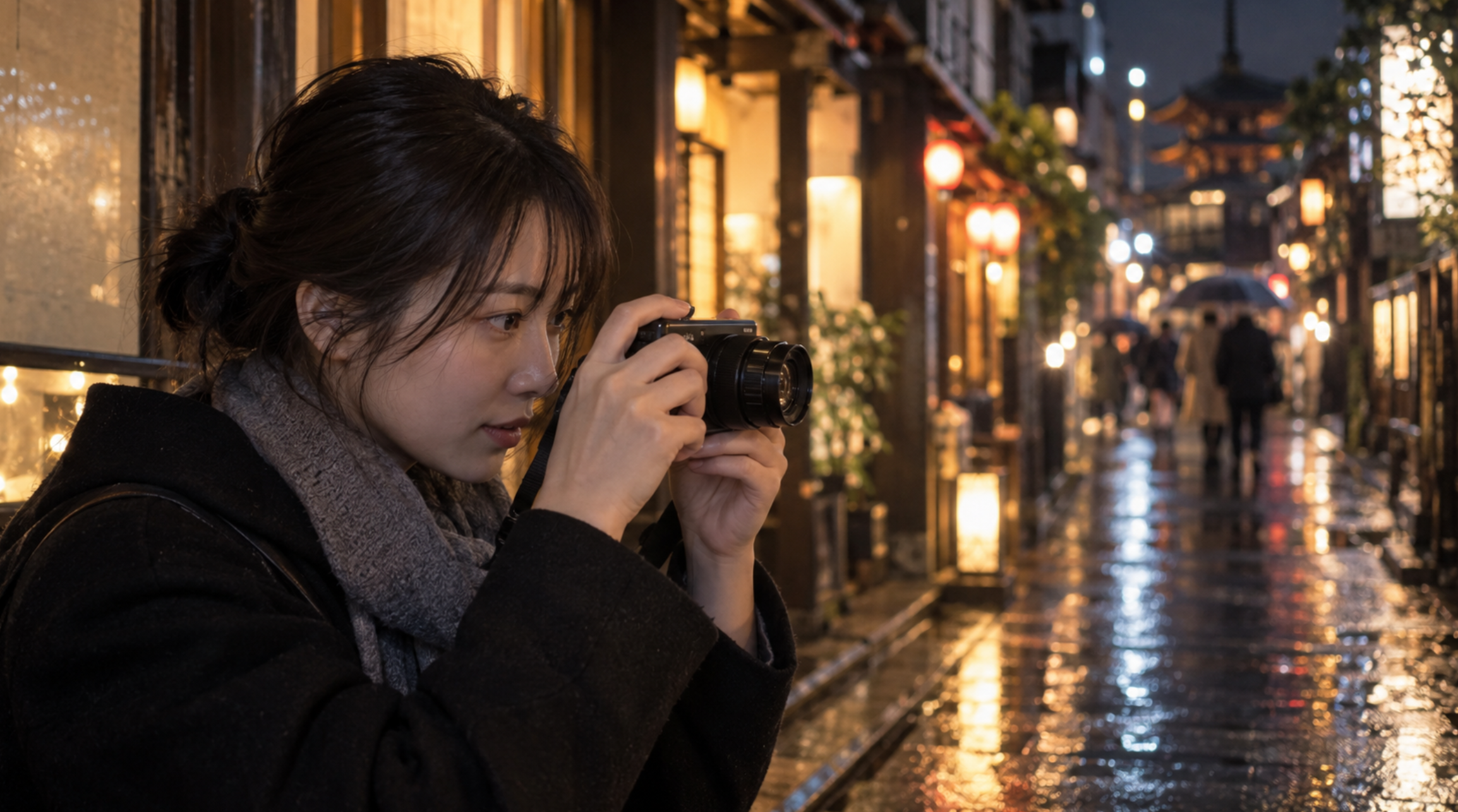 1.0型コンデジで夜の街を撮影する日本人女性