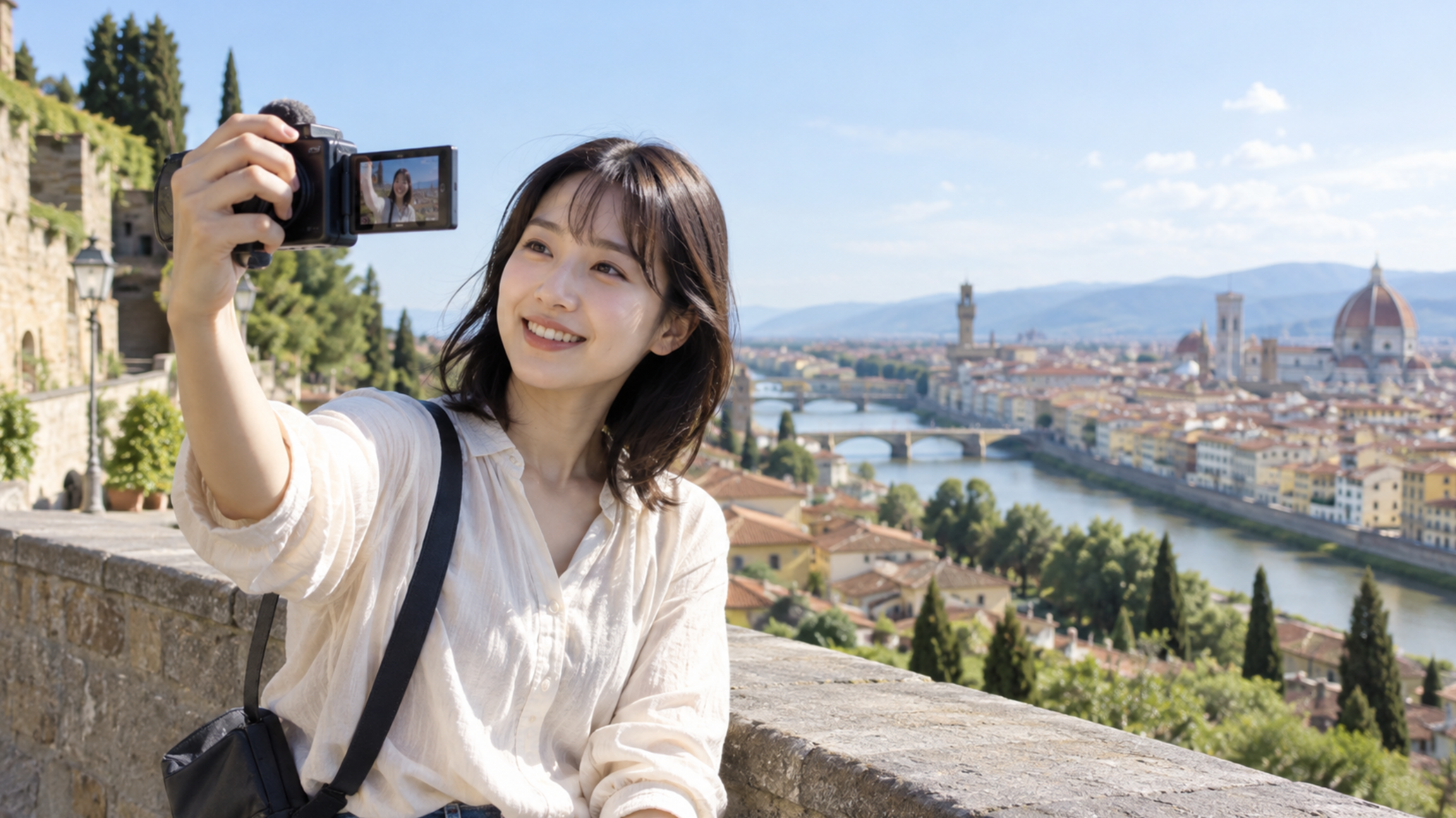 旅行先で小型カメラを使ってVlog撮影する日本人女性