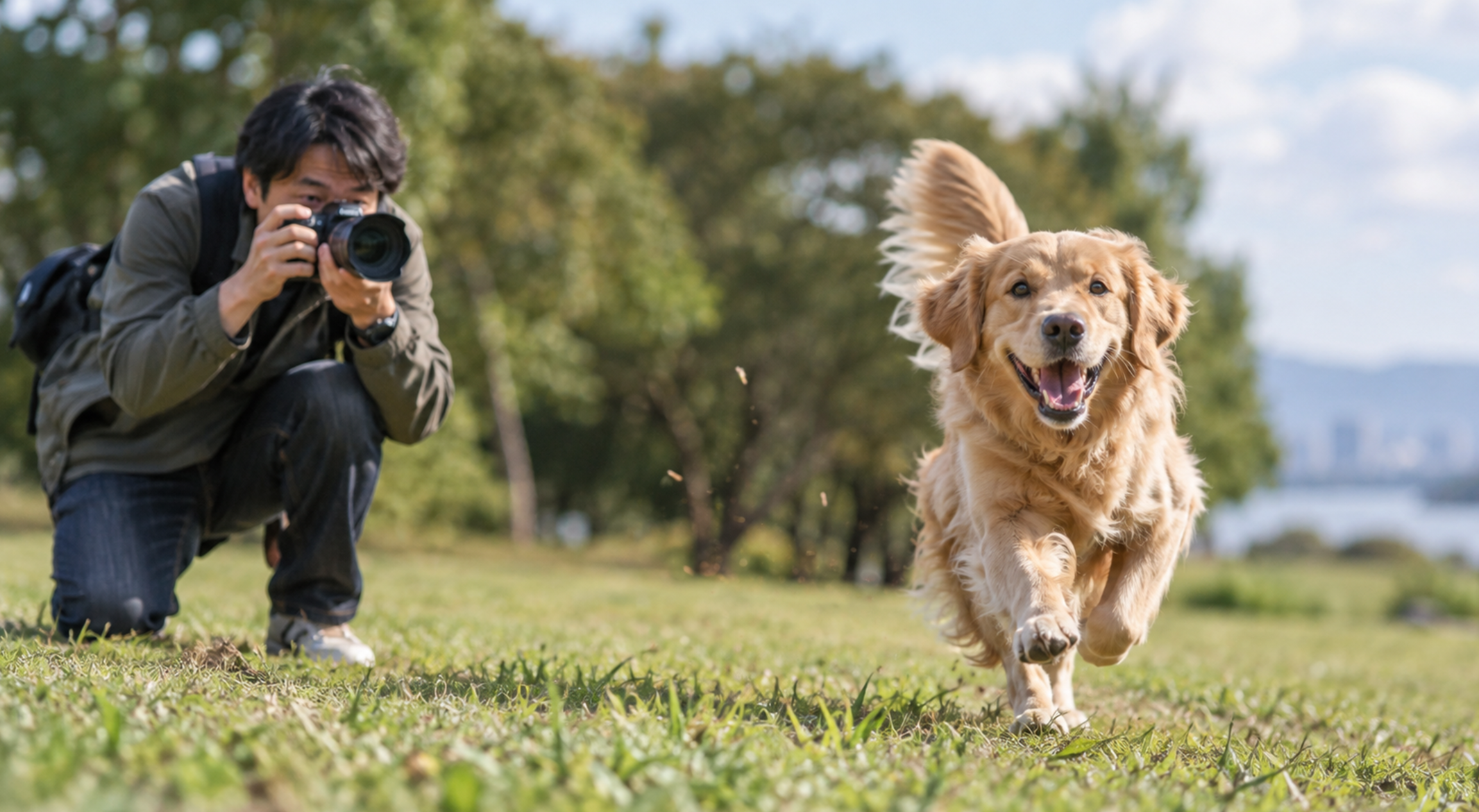 AF-Cで走ってくる犬にピントを追従させて撮影する様子