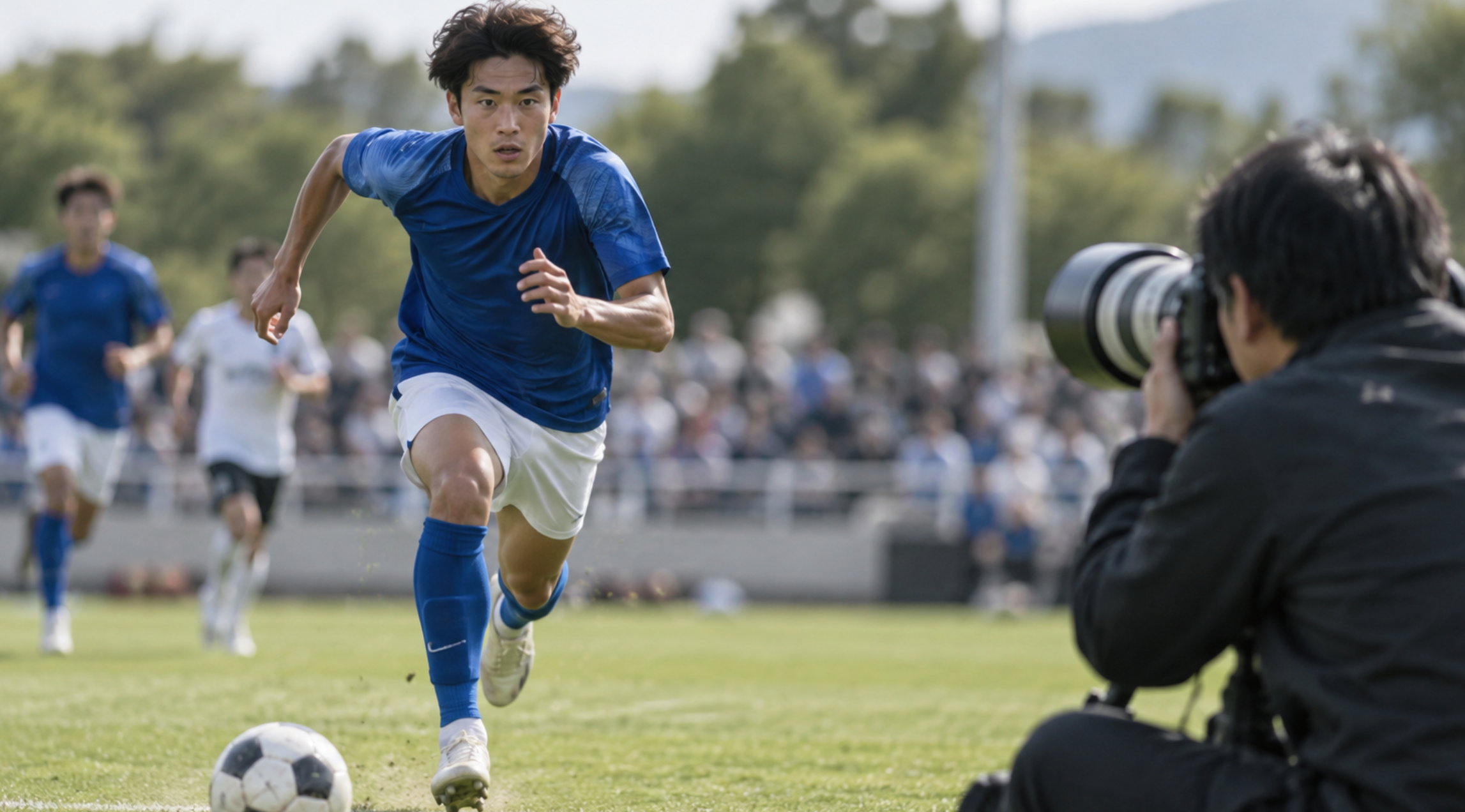 AF-Cと望遠レンズで走るサッカー選手を撮影する様子