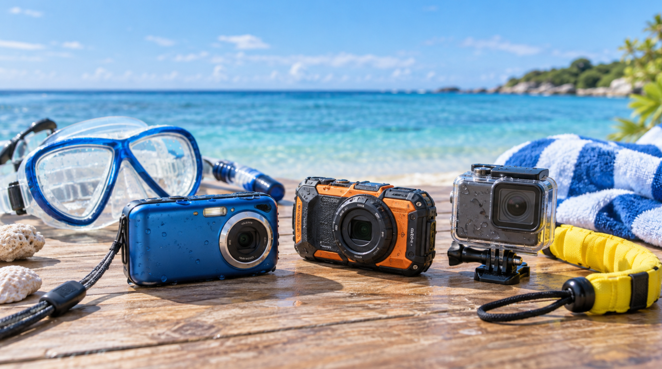海辺に並べた防水カメラとアクションカメラ、シュノーケリング用品