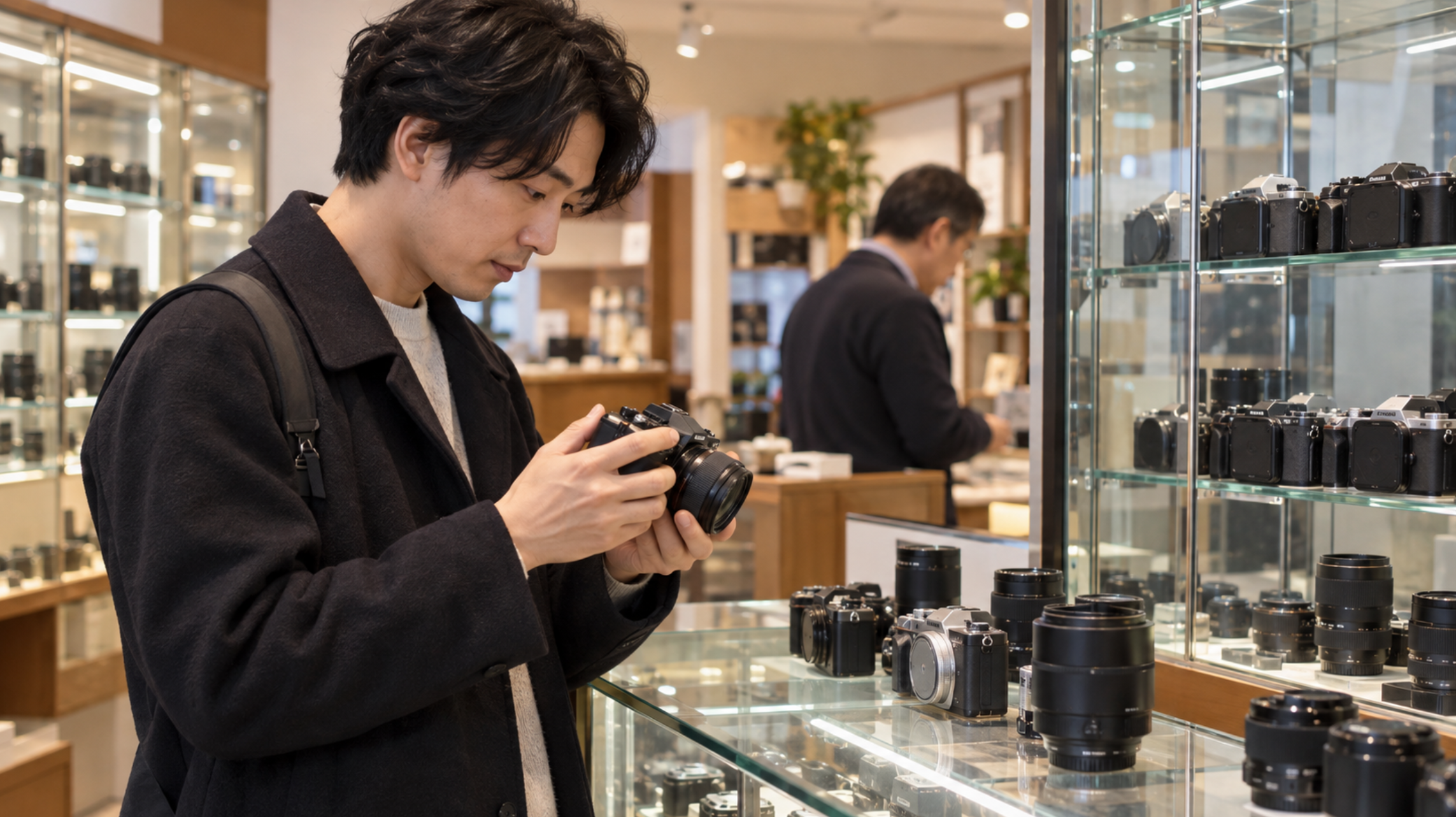 中古カメラ店でミラーレスカメラの状態を確認する初心者