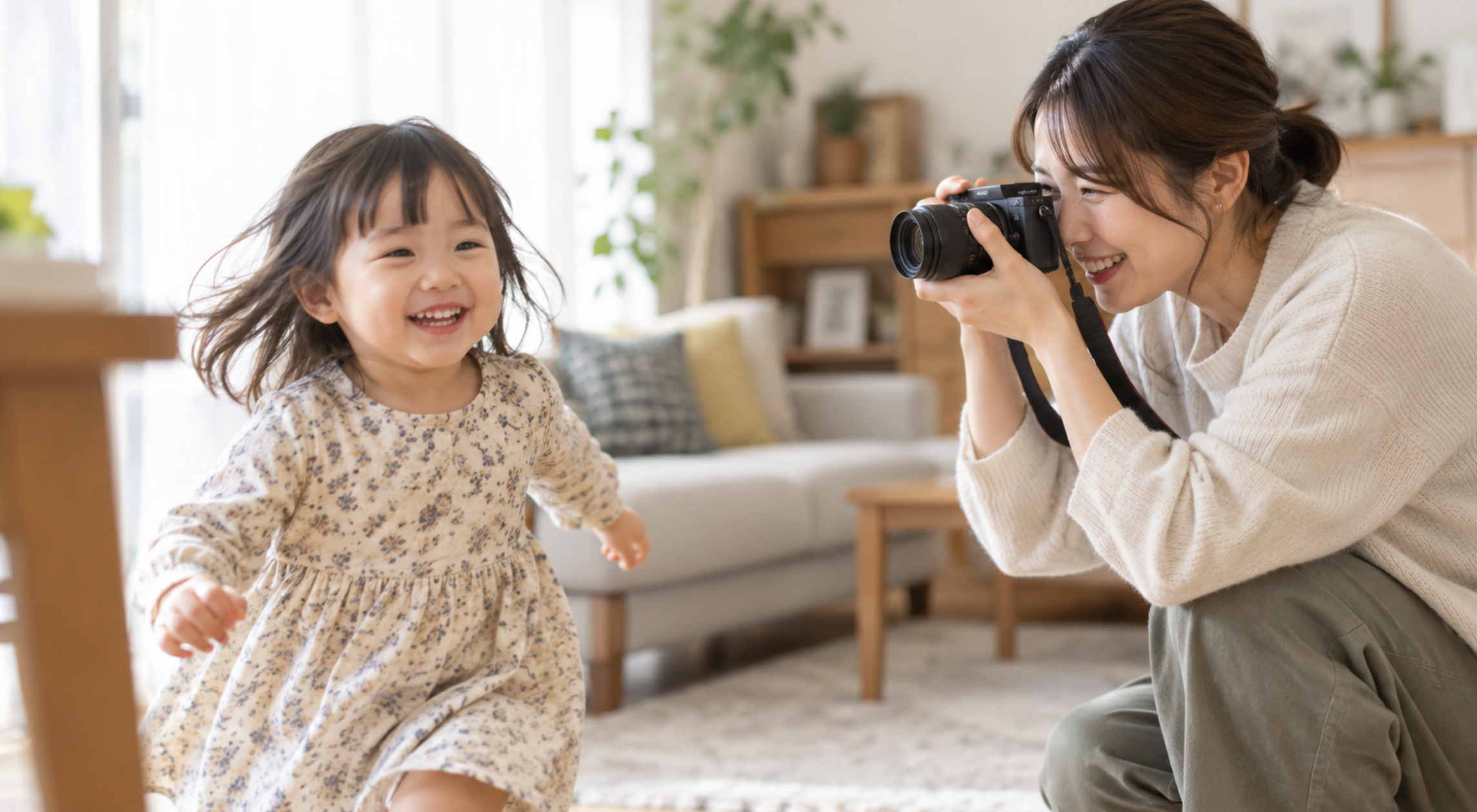 室内で動く子どもをミラーレスカメラで撮影する日本人女性