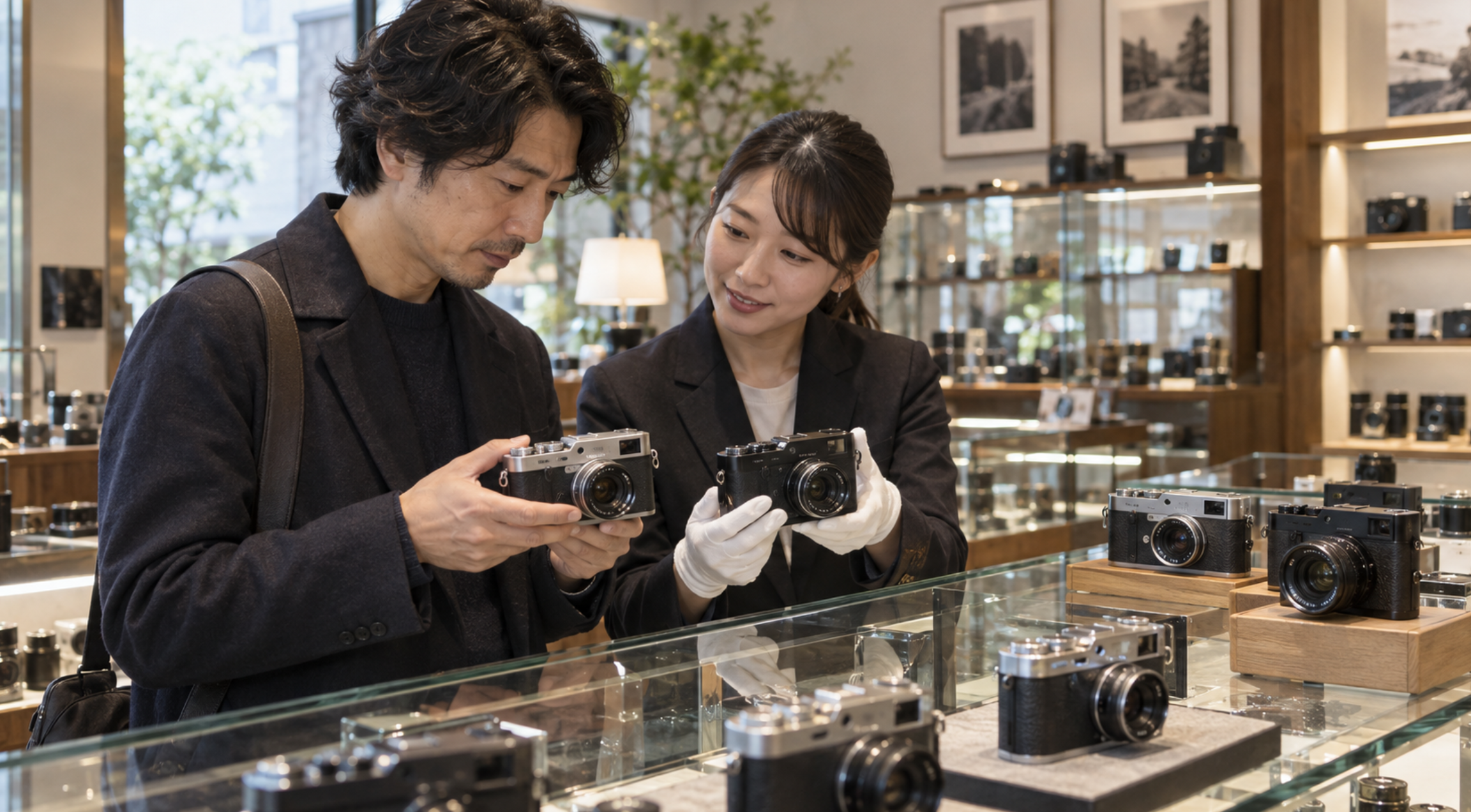 中古ライカをカメラ専門店で比較する購入者とスタッフ