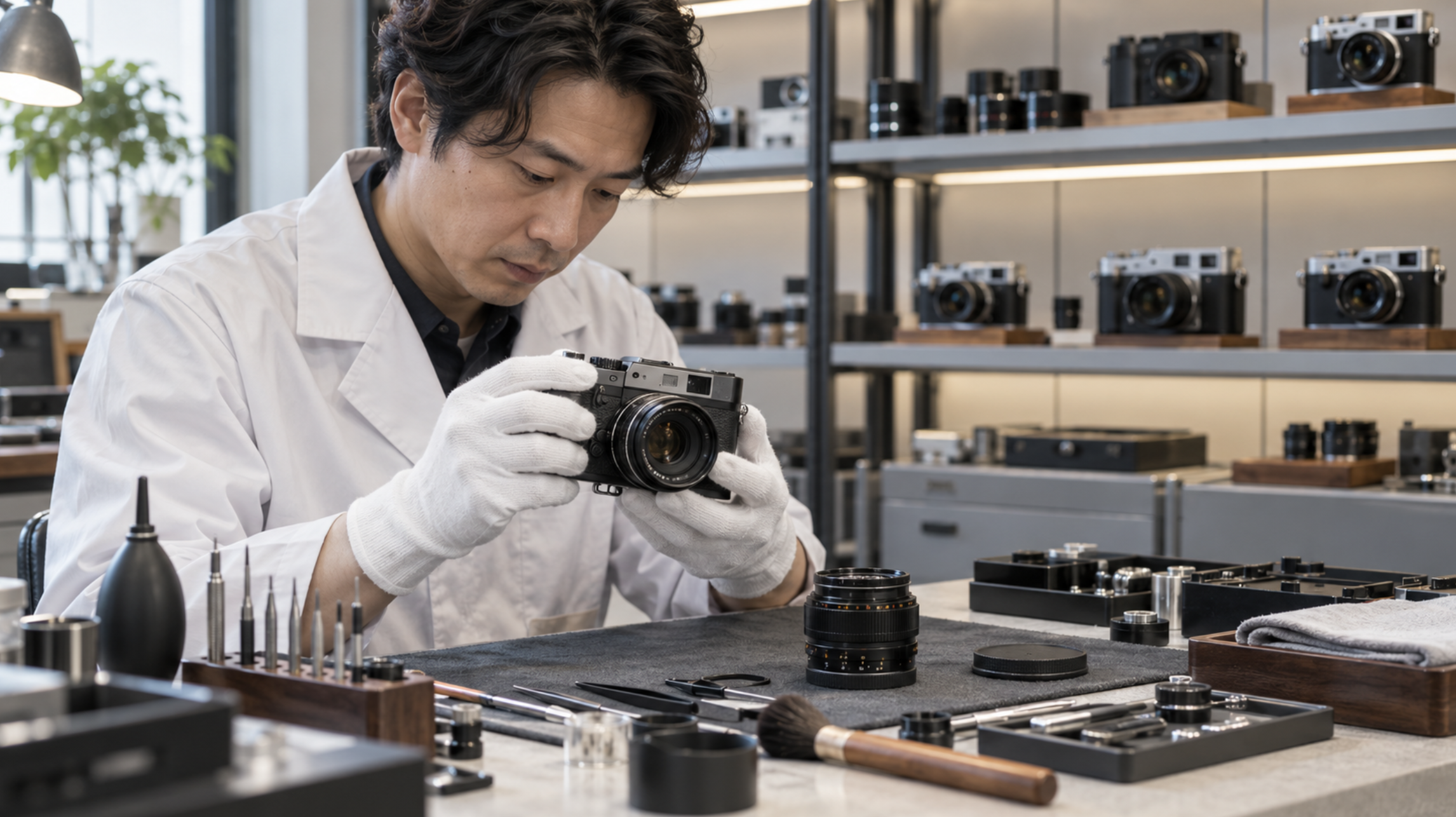 中古ライカを想定したカメラを専門技術者が点検する様子