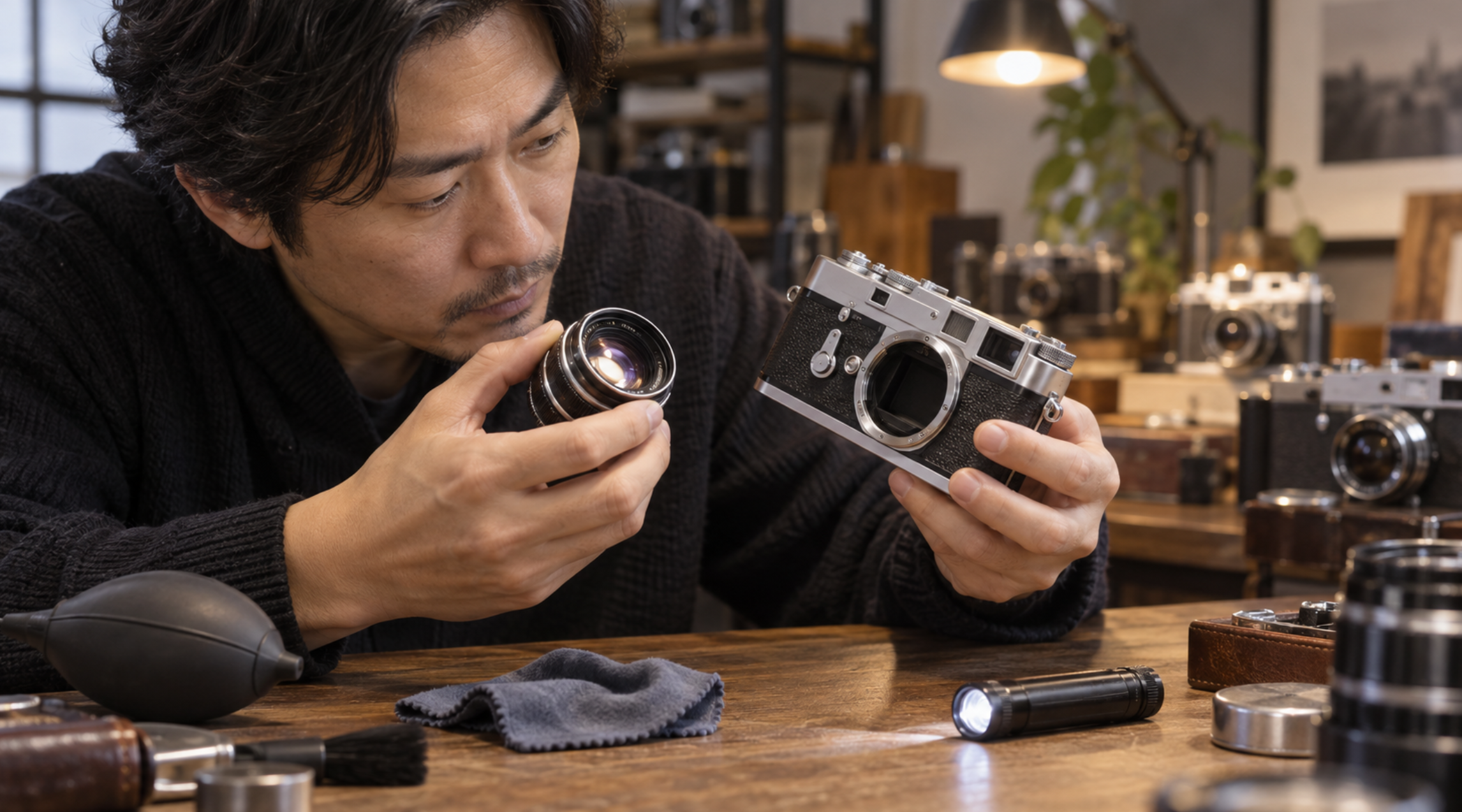中古ライカのカメラボディとレンズの状態を確認する様子