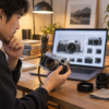 中古ライカの通販画像をパソコンで確認しながら実機を比較する男性