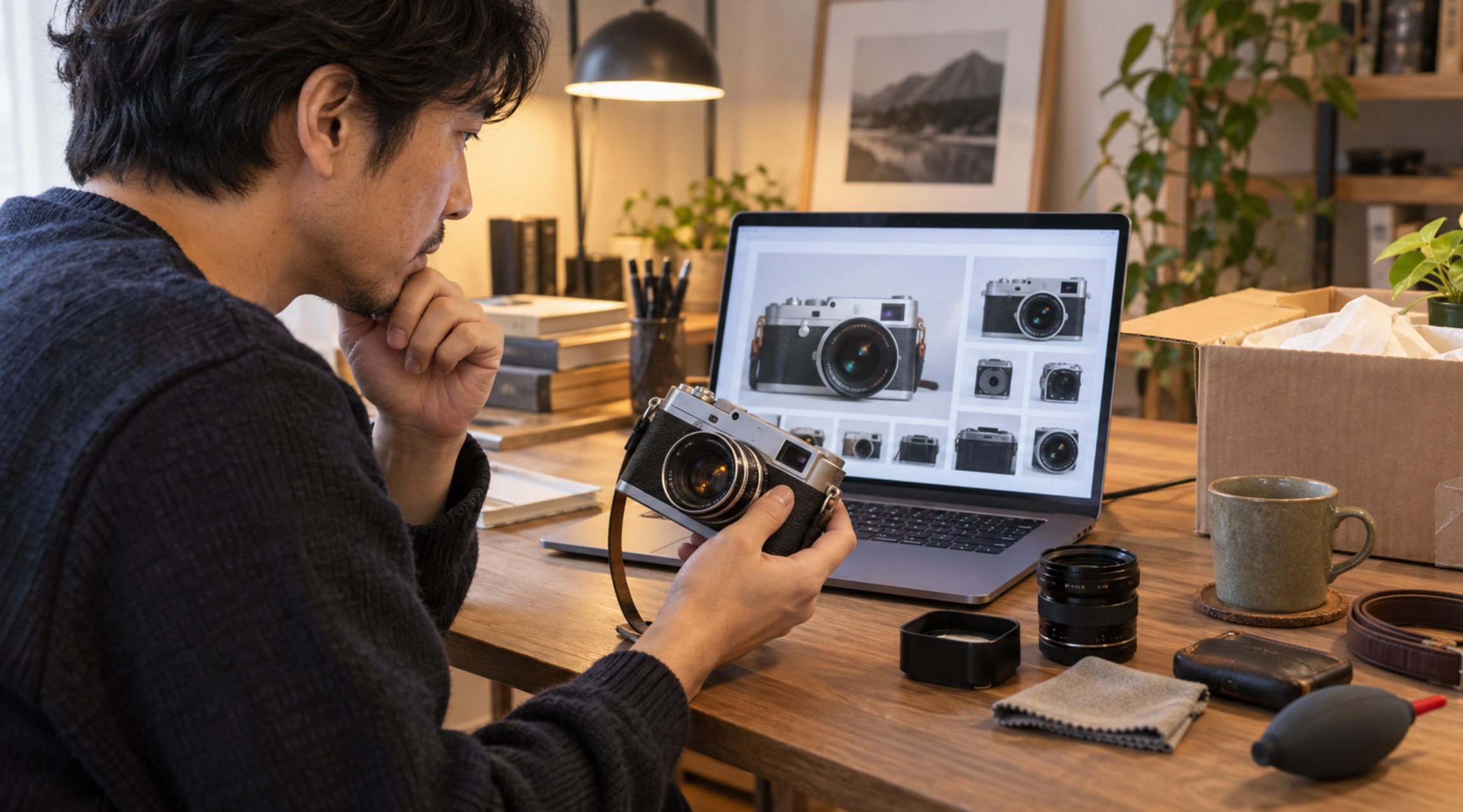 中古ライカの通販画像をパソコンで確認しながら実機を比較する男性