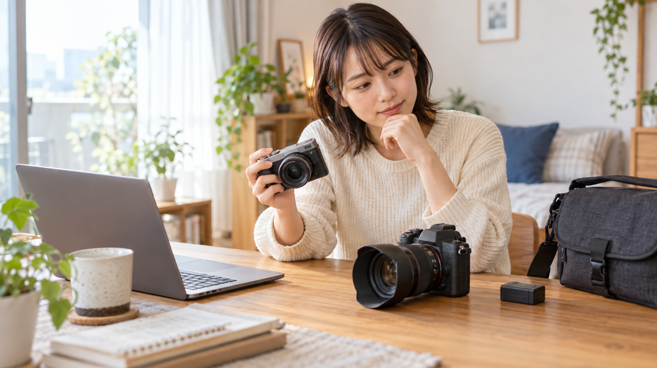 中古カメラとレンタル機を比較する初心者の女性