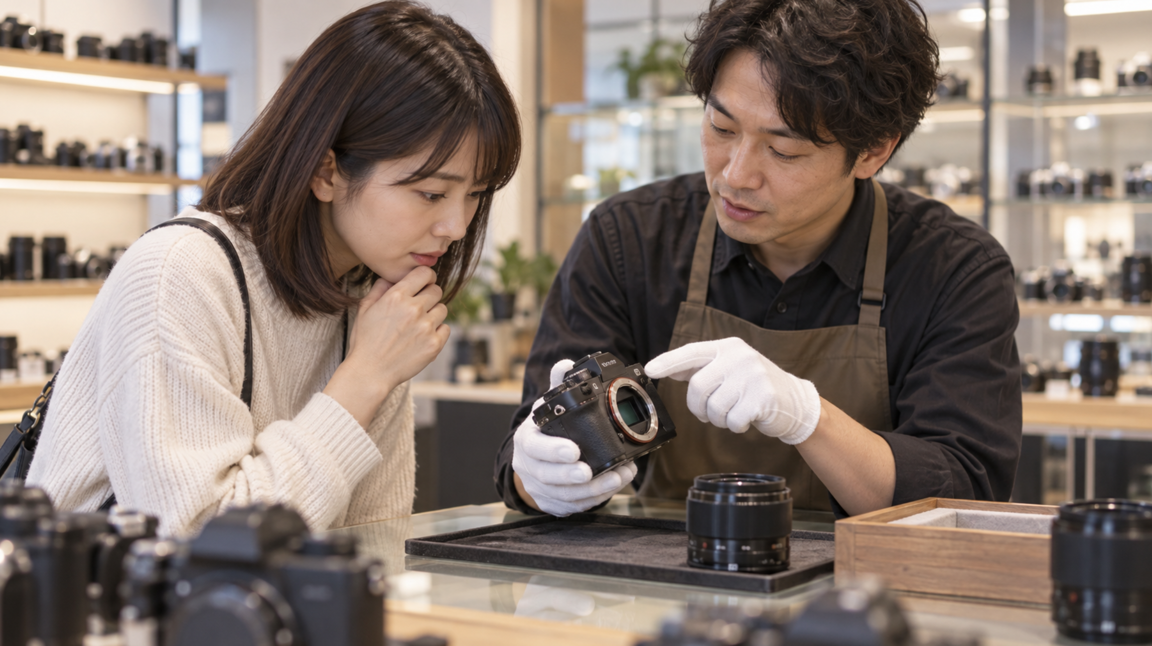 中古カメラ店でスタッフとカメラの状態を確認する初心者