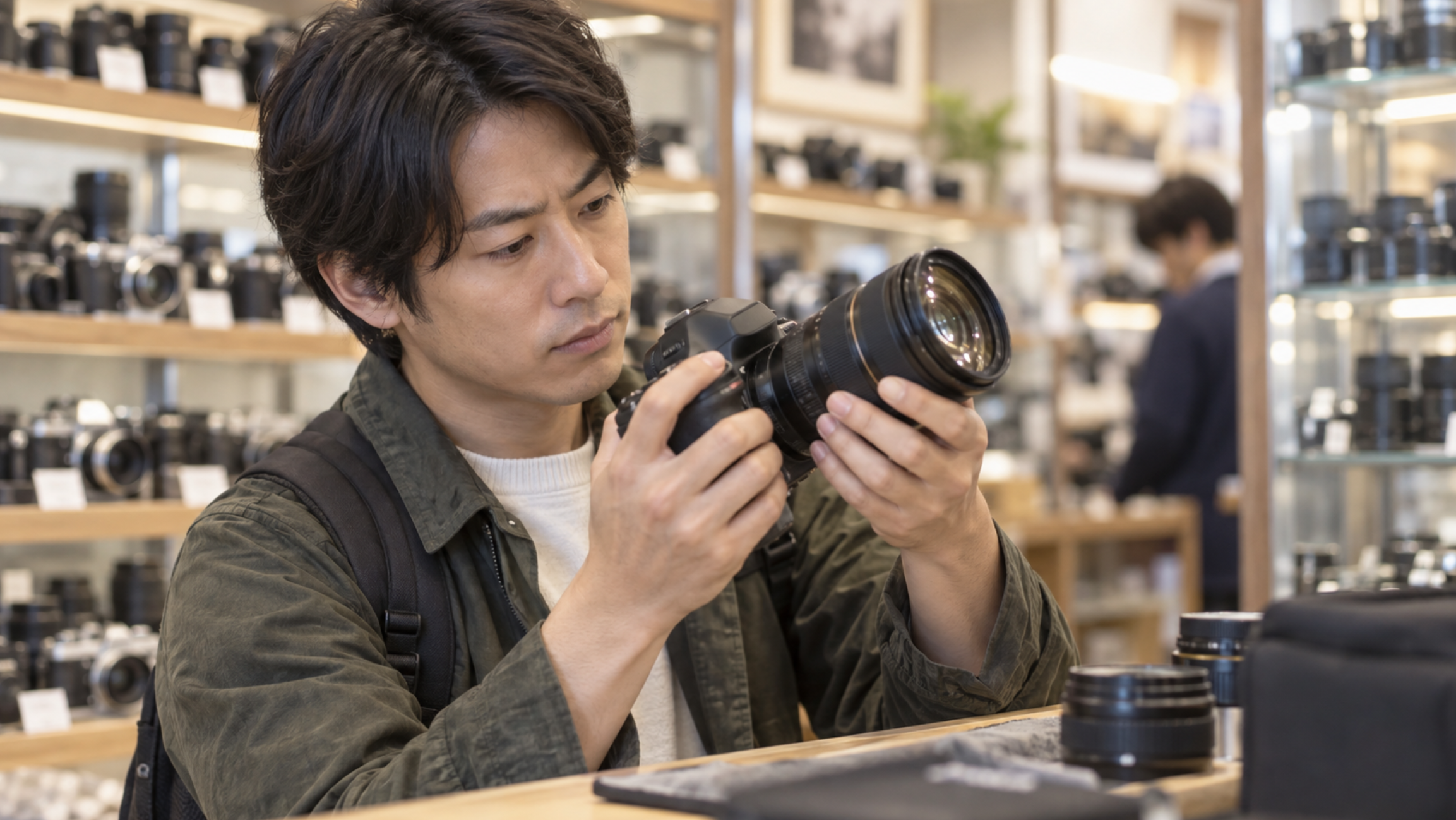 中古カメラ店で一眼レフのボディとレンズの状態を確認する男性