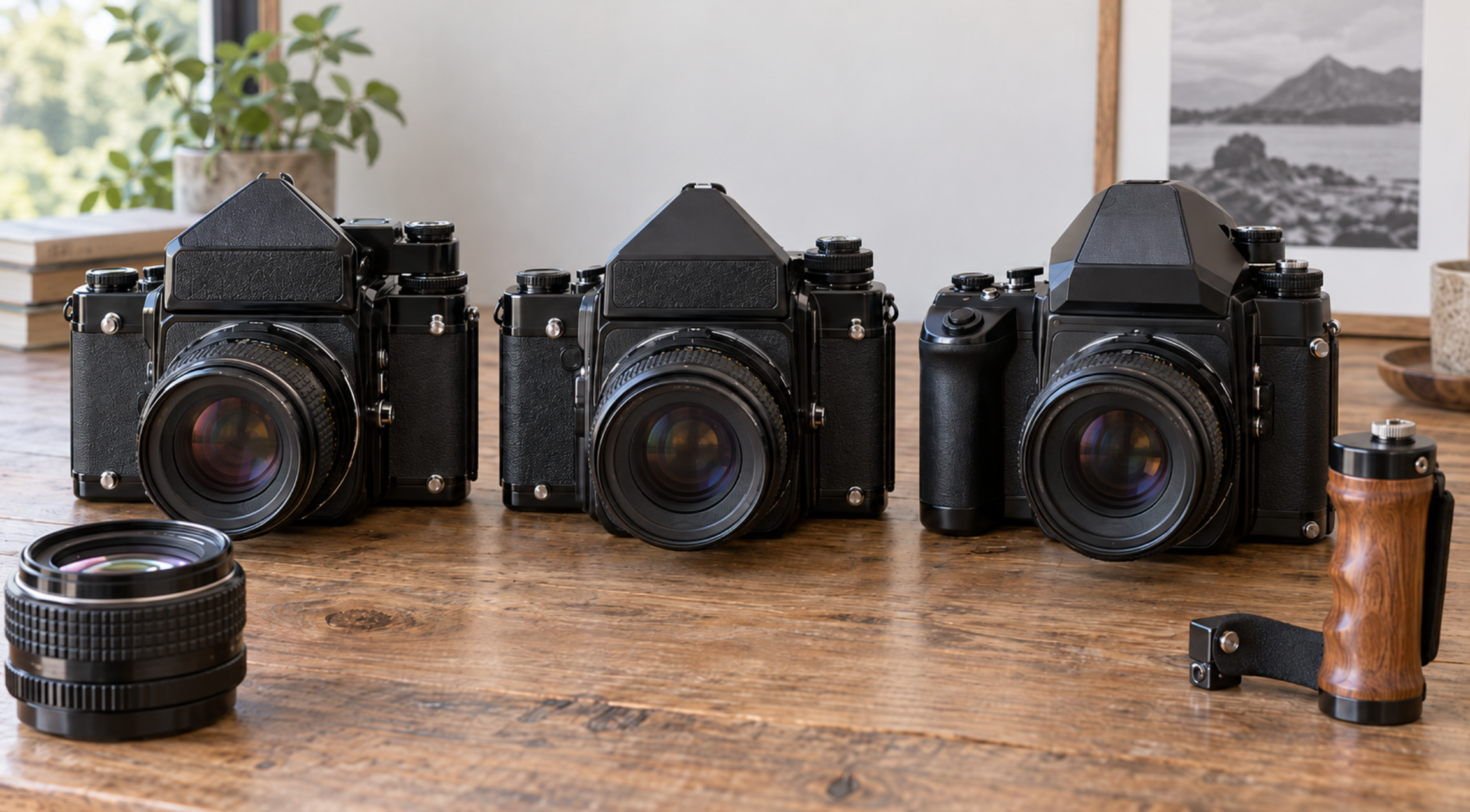PENTAX 67中古選びをイメージした中判カメラ3台とファインダー・レンズ・木製グリップの比較