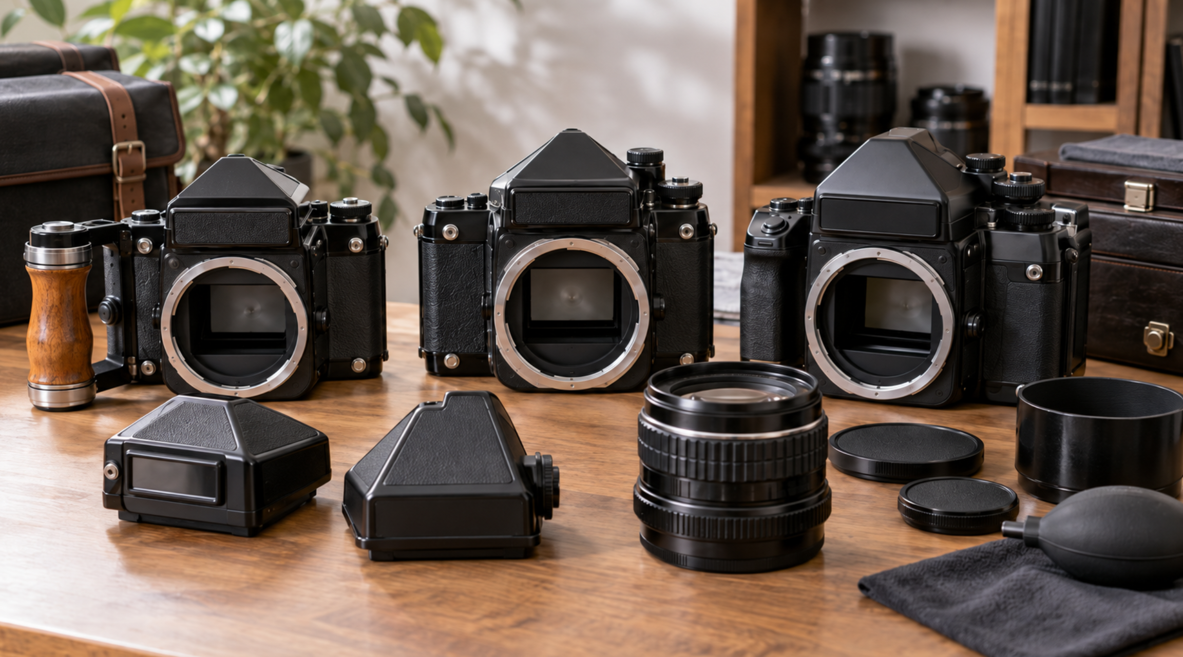PENTAX 6×7・67・67IIの違いをイメージした中判カメラ3台と交換レンズ・木製グリップ