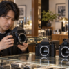 中古カメラ店で大型中判フィルムカメラの状態を確認する日本人男性