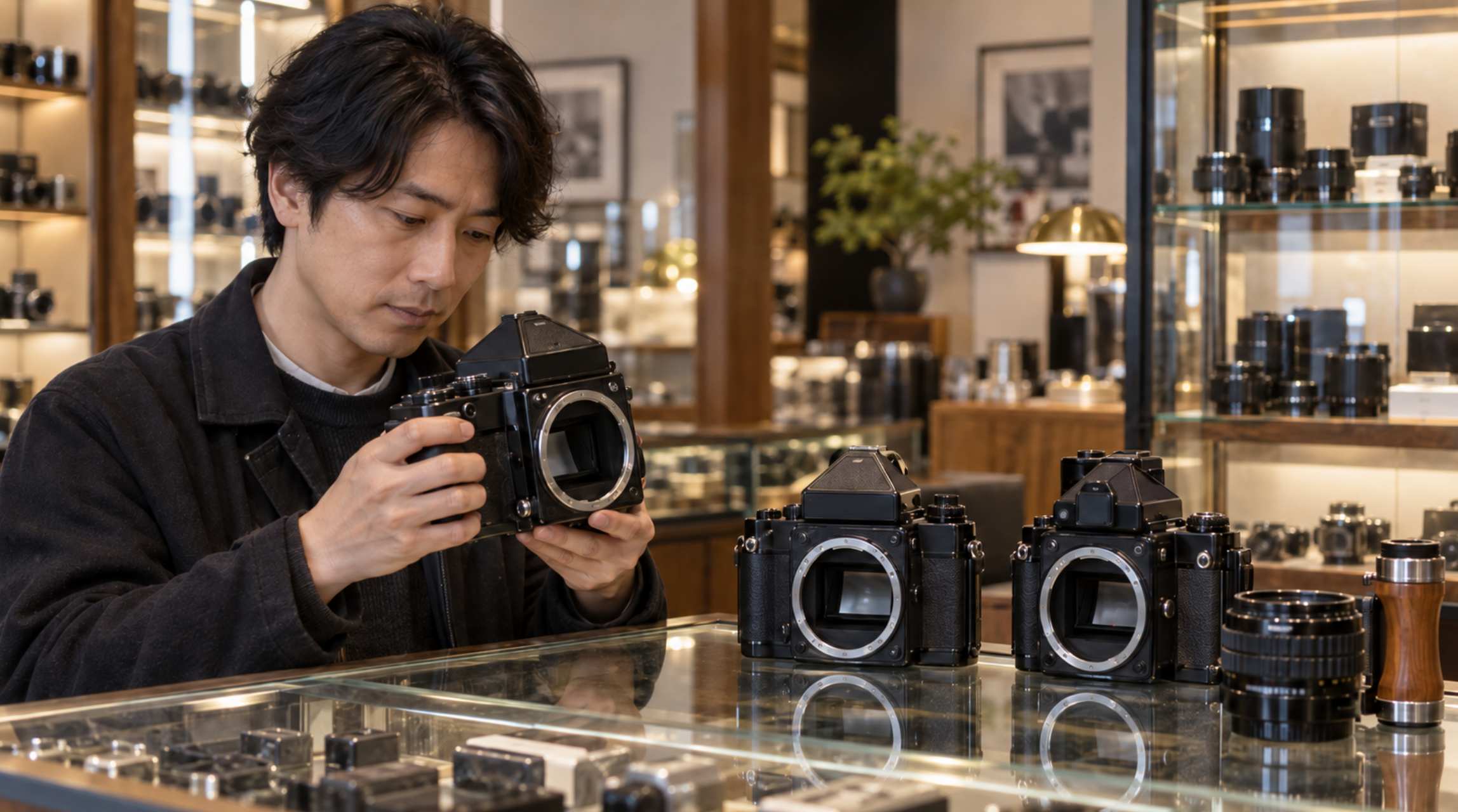 中古カメラ店で大型中判フィルムカメラの状態を確認する日本人男性