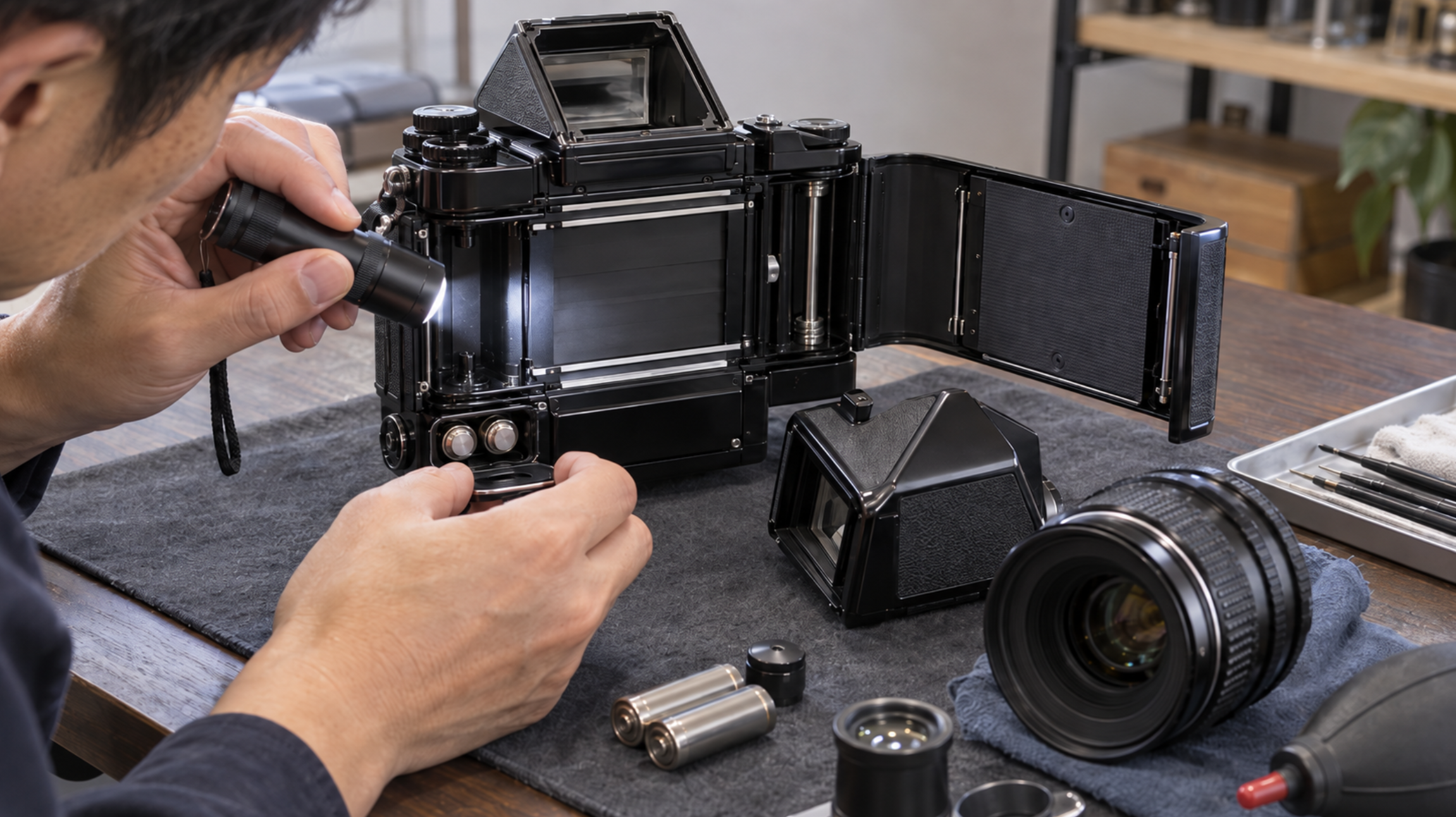 PENTAX 67中古購入を想定して中判カメラのフィルム室や内部状態を点検する様子