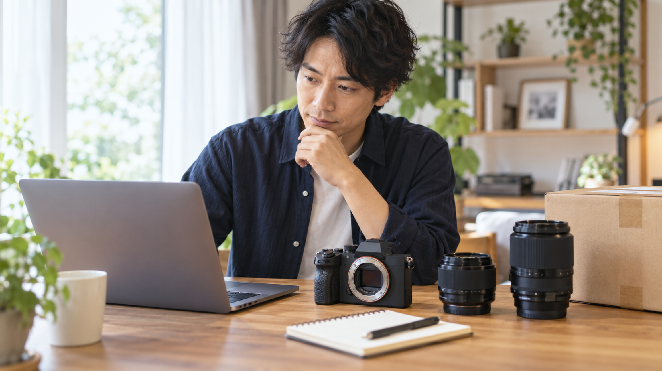 カメラと交換レンズのレンタル条件を比較する日本人男性