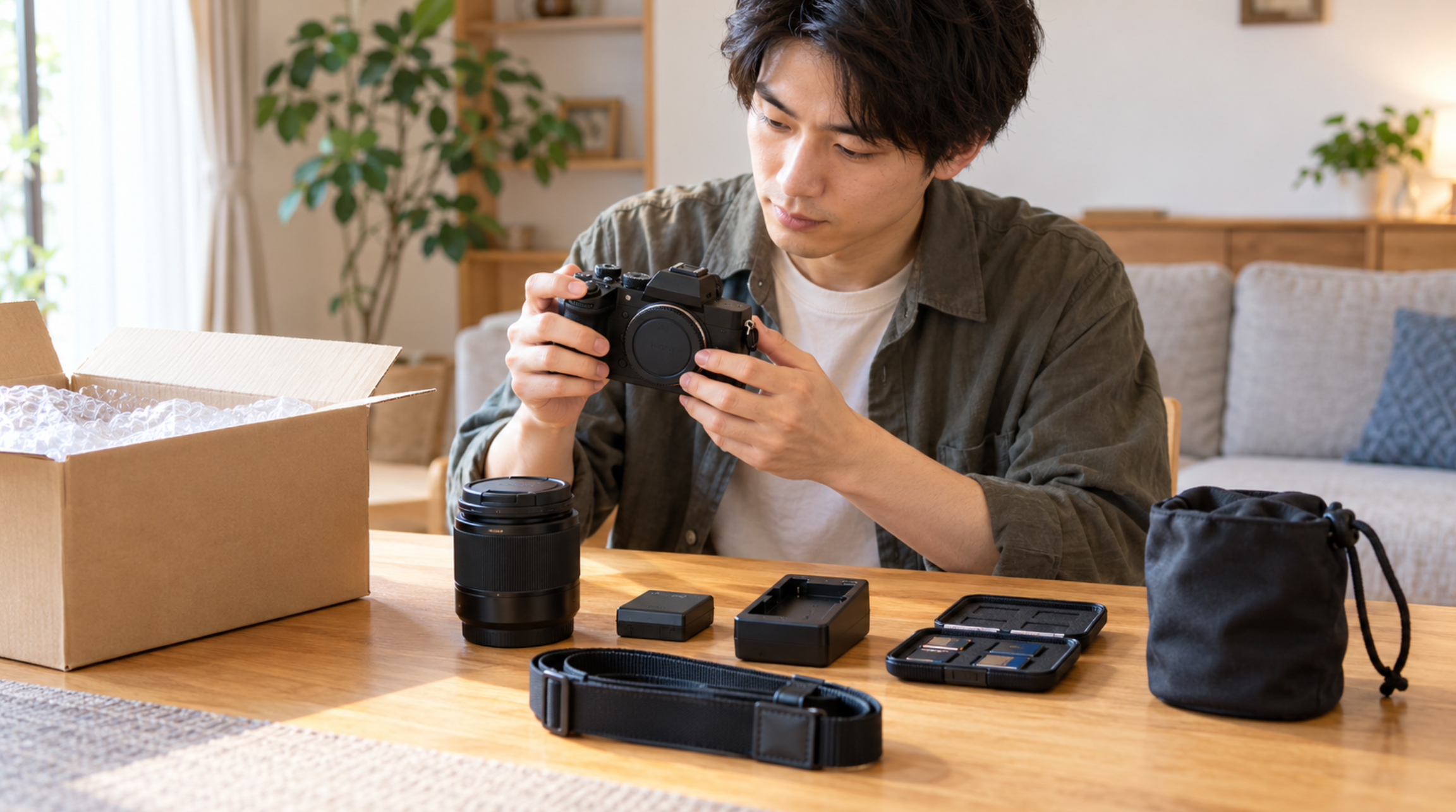 届いたレンタルカメラとレンズやバッテリーなどの付属品を確認する日本人男性