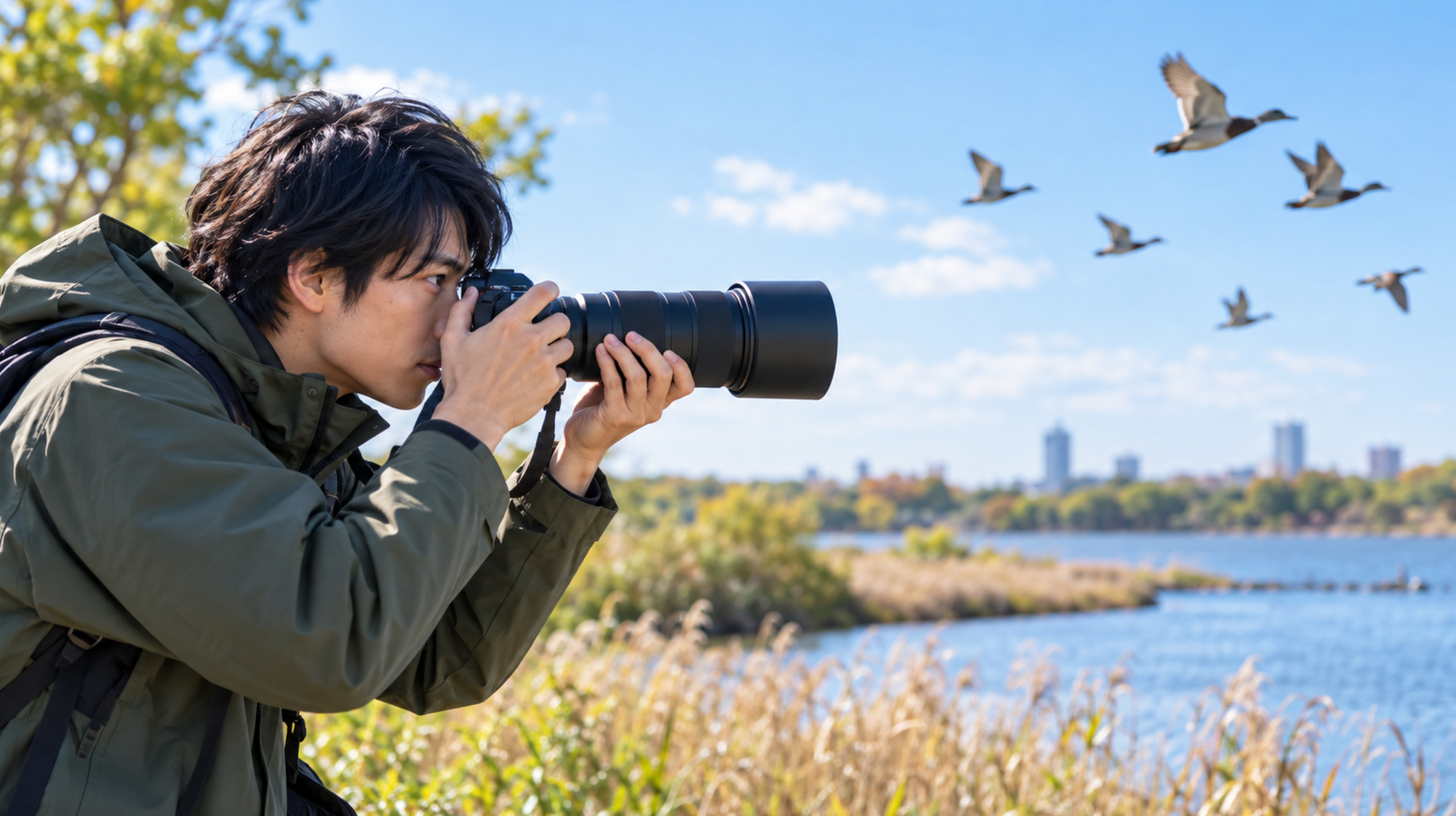 APS-Cカメラと望遠レンズで飛ぶ野鳥を撮影する日本人カメラマン