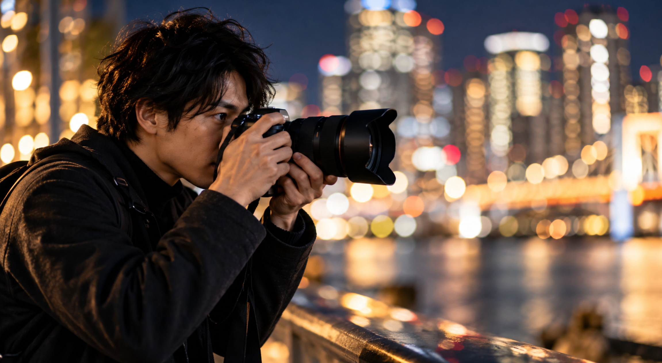 夜景の大きな背景ボケを撮影する日本人カメラマンとフルサイズカメラのイメージ