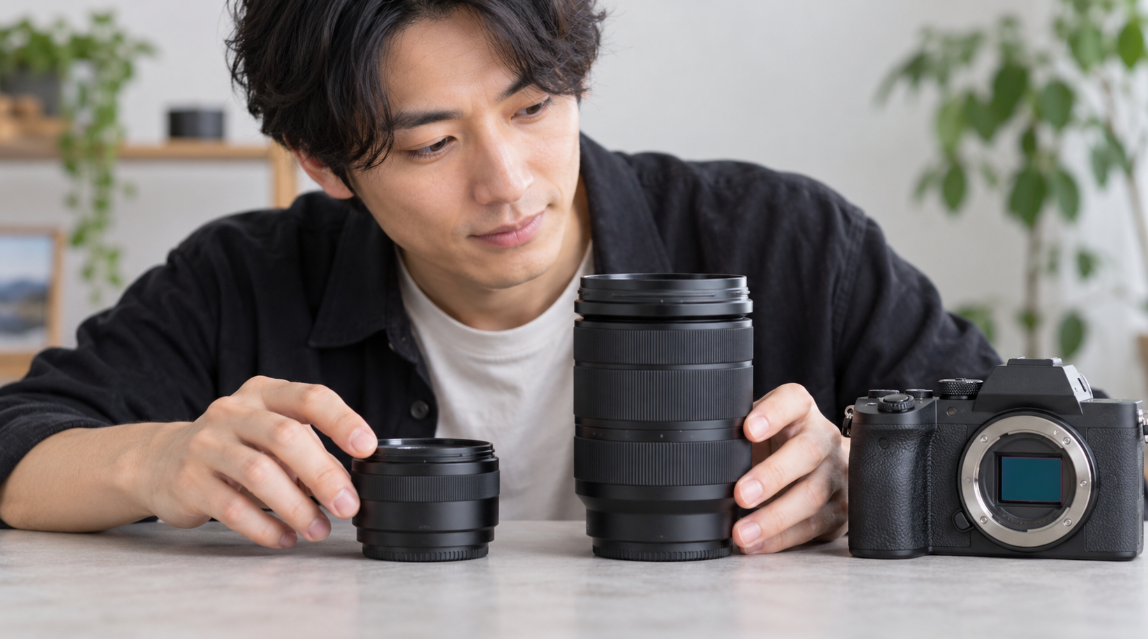 単焦点レンズとズームレンズを比較する日本人男性とミラーレスカメラ